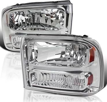 SPEC-D TUNING Chrome 1Pc Style Headlights W/Bumper Lamp Compatible with 1999-2004 Ford F250 F350 F450 Super Duty L+R Pair Head Light Lamp Assembly