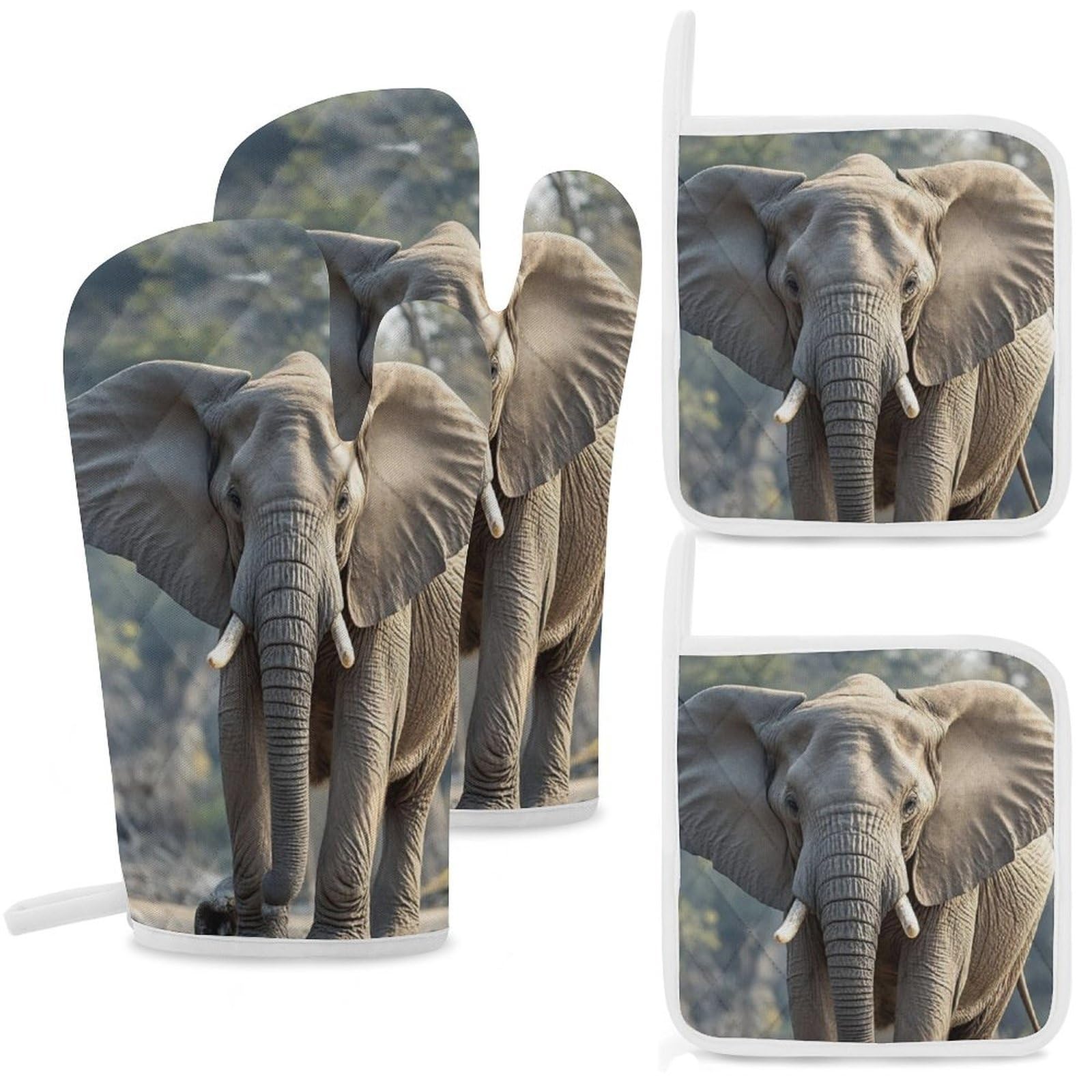 Elephant Oven Mitts and Pot Holders Sets Heat Resistant Oven Glove with Hanging Loop for Baking Cooking BBQ Thicken Potholders for Kitchen