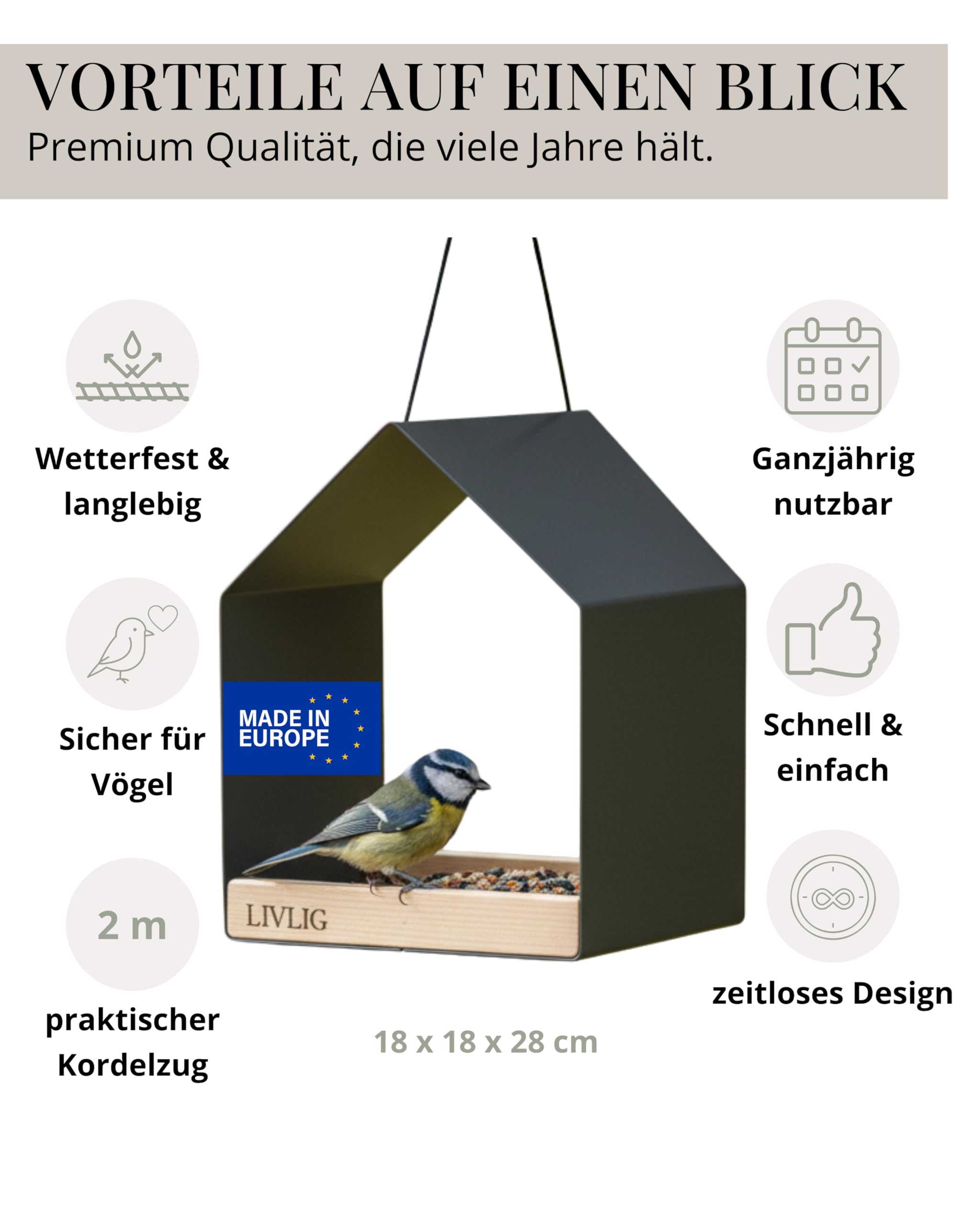 LIVLIG Vogelhaus Metall – 2in1 Vogelfutterhaus & Vogeltränke, Design Vogelhaus zum Aufhängen, wetterfestes Futterhaus für Vögel ganzjährig, Futterspender Vögel, Anthrazit