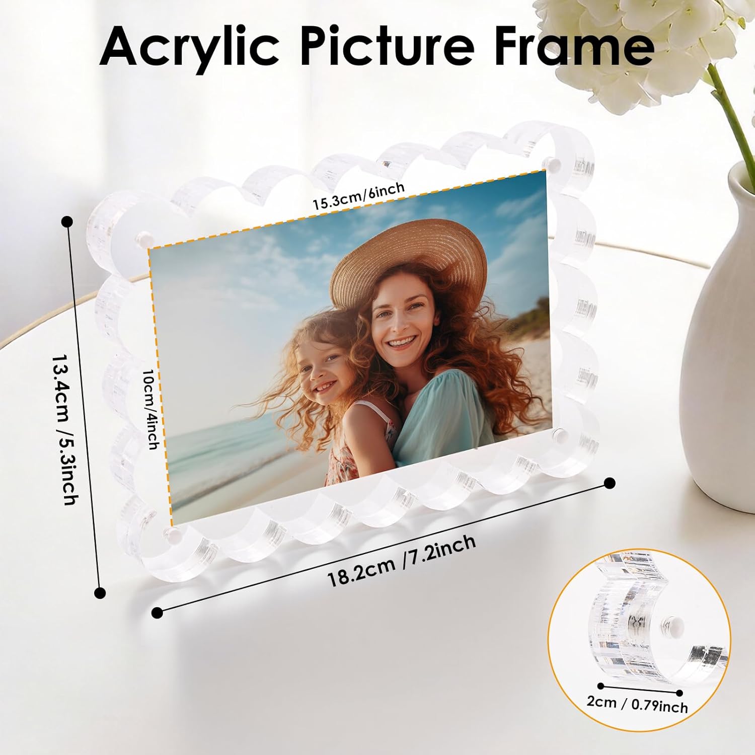 3 Pack Acrylic 4x6inch Magnetic Picture Frame,Double Sided,10+10mm Thick Block,Picture Frames Acrylic Photo Scalloped Frames Freestanding Gifts for Desk,Fridge, Locker,Office Cabinet(Clear,4x6)