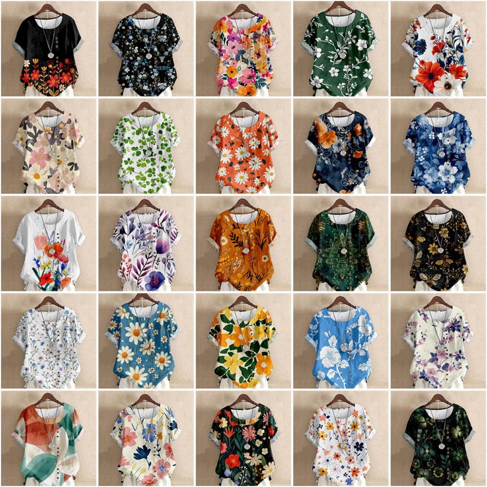 ZOCANIA Boho Tops for Women Floral Print Crewneck Short Sleeve Blouse Button Down Tee Shirts - Image 5