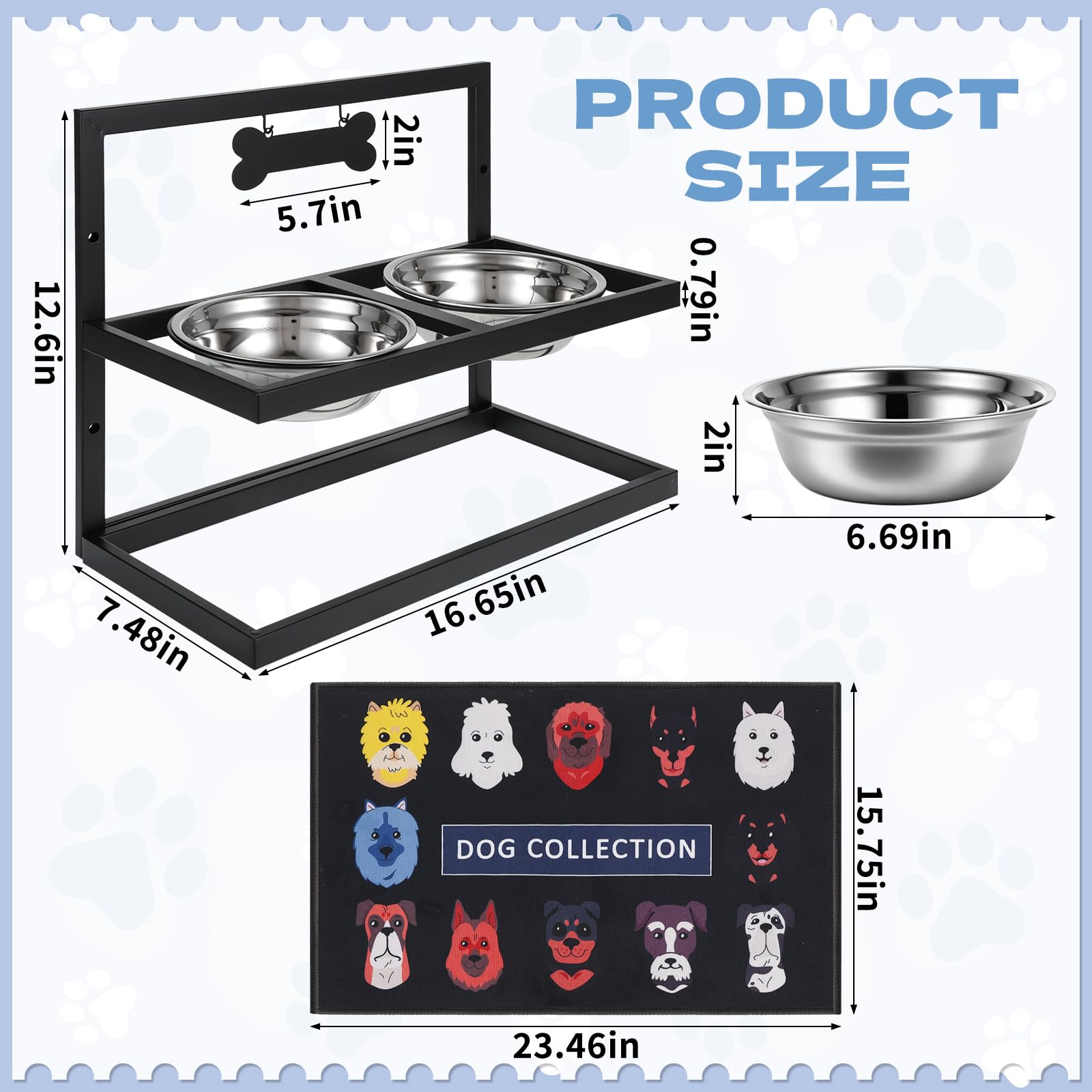 Gamelles surélevées pour chien avec tapis, support de gamelle surélevée réglable en hauteur avec 2 gamelles en acier inoxydable pour animaux de compagnie, station d'alimentation en métal pour chiens