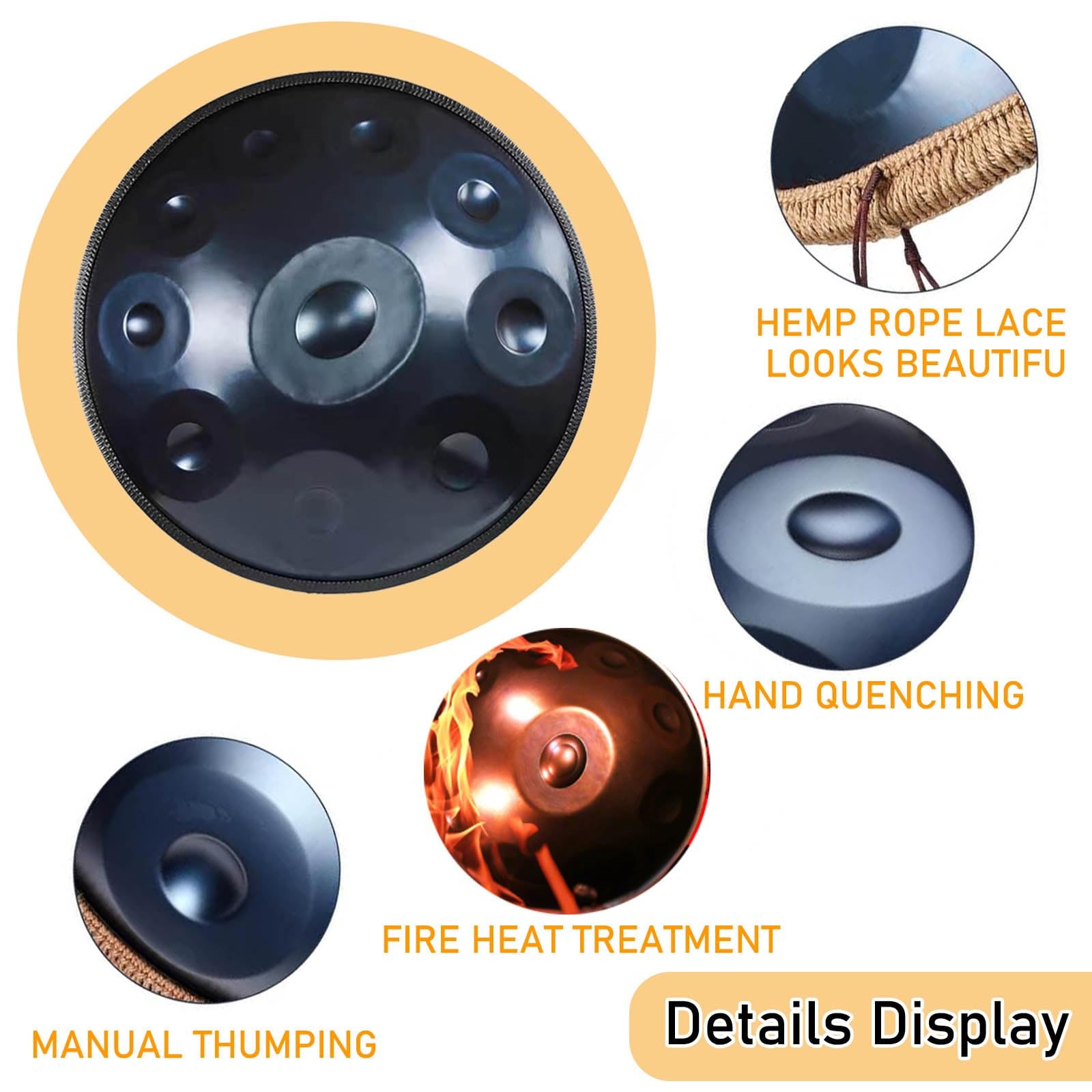 Handpan Drum 432Hz 440Hz 22 Pulgadas, Handpan de Acero en Re (D) Menor con 9/10/12 Notas, Tambor de Sonido Sanador para Adultos y Principiantes(Gold,440HZ/10Note)