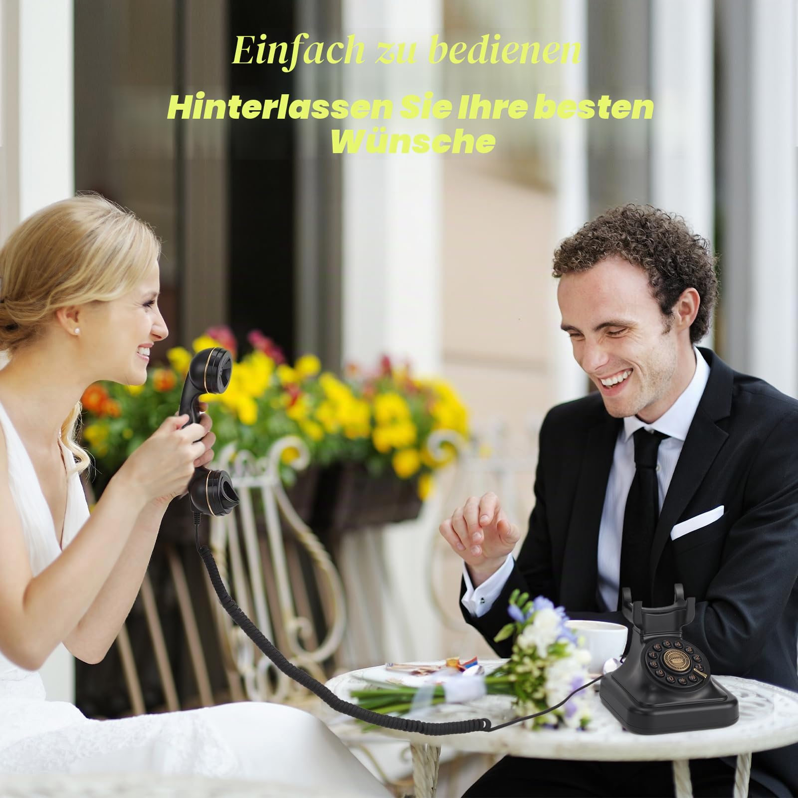 Audio-Gästebuch Hochzeitstelefon kann individuelle Audio-Gästebücher für Hochzeiten, Bankette und Partys aufnehmen und unterstützt das Abspielen von Sprachnachrichten der Gäste auf dem Gerät selbst