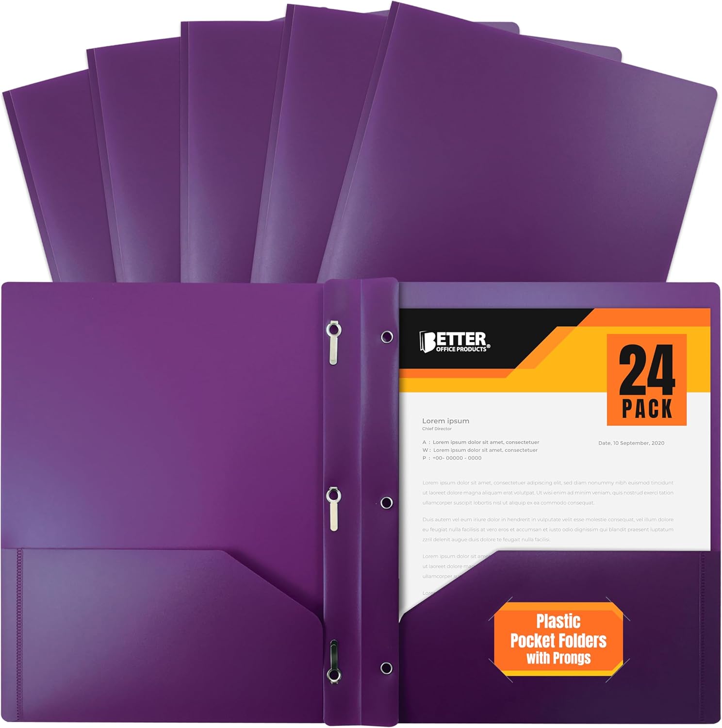 Better Office Products Purple Plastic 2 Pocket Folders with Prongs, Heavyweight, Letter Size Poly Folders, 24 Pack, with 3 Metal Prongs Fastener Clips, Purple