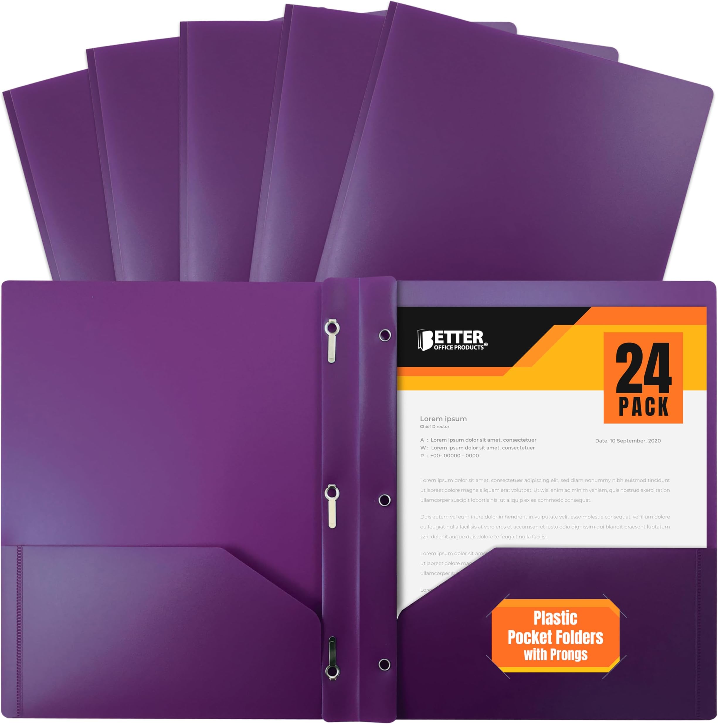 Better Office Products Purple Plastic 2 Pocket Folders with Prongs, Heavyweight, Letter Size Poly Folders, 24 Pack, with 3 Metal Prongs Fastener Clips, Purple