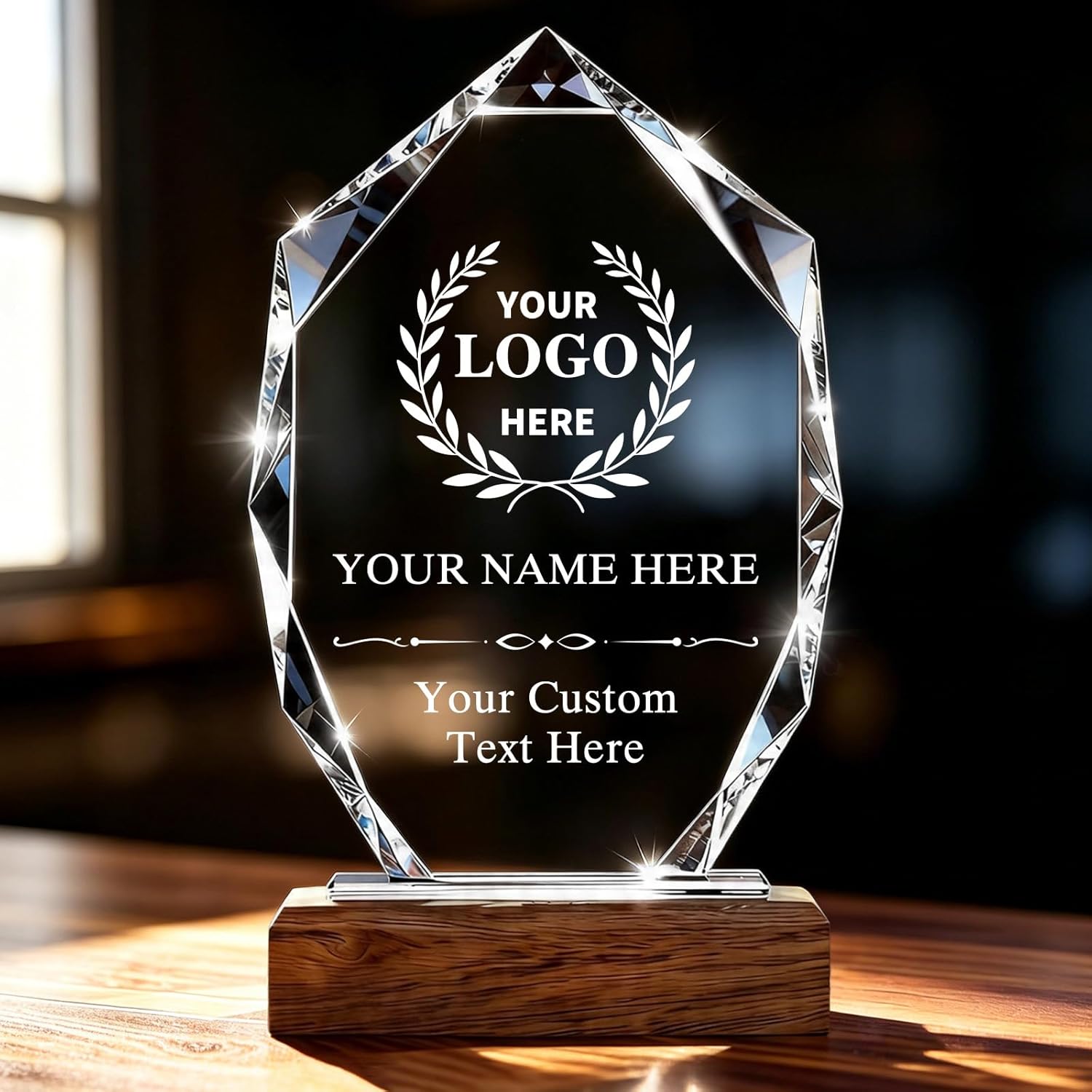 Custom Crystal Trophy Award with Text Logo, Award Plaques Personalized Engraved for Corporate Recognition, Appreciation Gifts for Employee Coworker Boss, Years of Service, Retirement, 1st Place