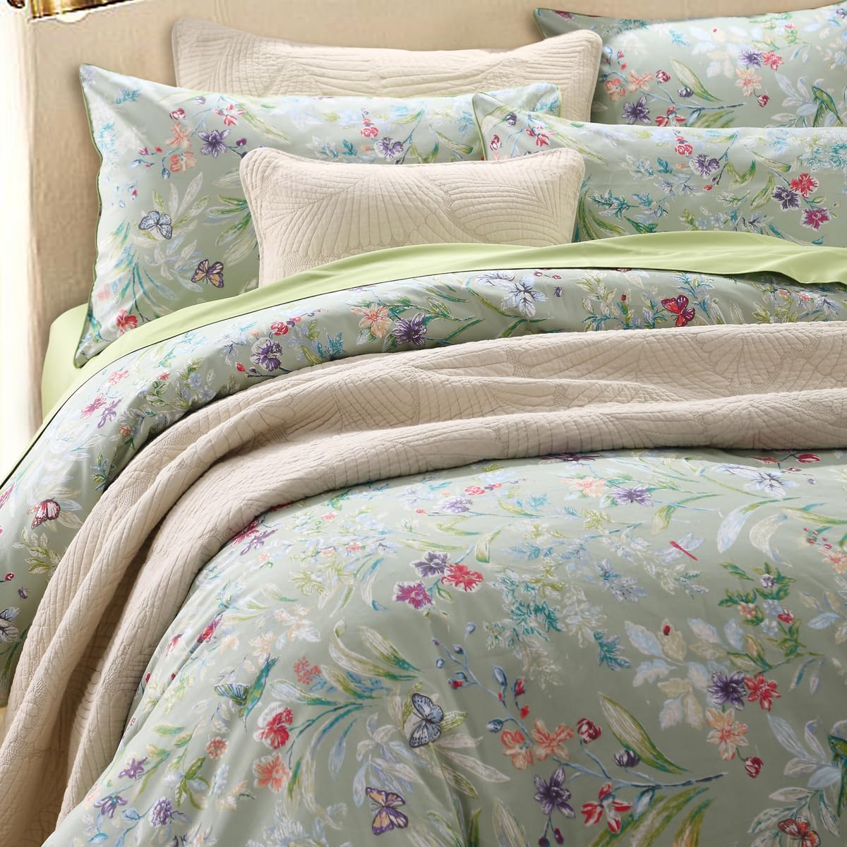 100% Egyption Cotton Queen Size Pillow Case - 2 Pack Sage Green Flower Print Pillow Covers Botanical Pattern Pillowcases Farmhouse Envelope Closure Pillow Shams Soft Breathable Bedding - 20"x30"