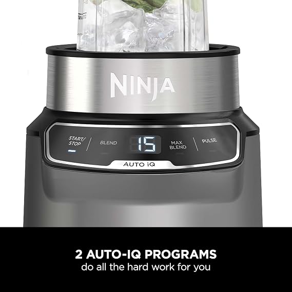 Ninja Blender with Auto-iQ, Blend in Cup, One Touch Controls, Make Smoothies, Milkshakes & Frozen Treats, Dishwasher Safe Parts, Stainless Steel Blades, 1000W, 1 x 700ml Cup, Grey/Silver, BN500UK