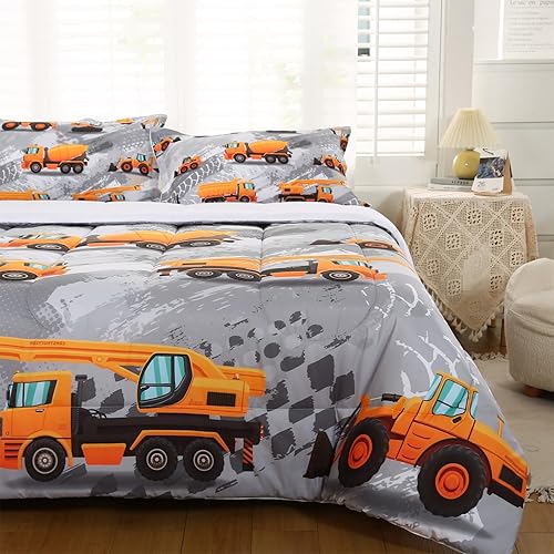 Miniatura 3 de Juego de edredón de construcción para niños con diseño de camión excavadora, ropa de cama de construcción tamaño queen, edredón de camión de dibujos