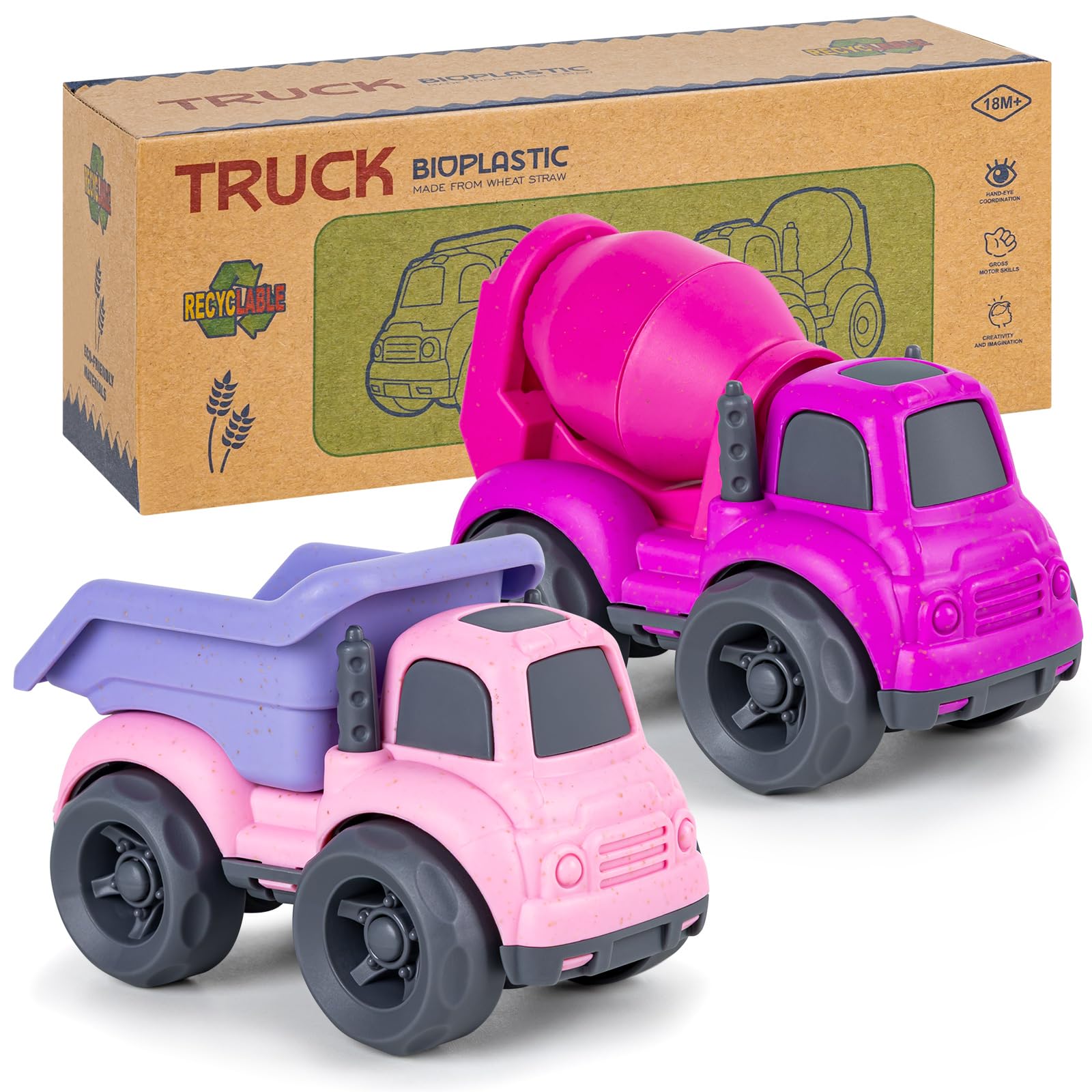 Set De 2 Camiones De Construcción – Hormigonera Y Volquete De Paja Natural Y Plástico Reciclado, Juguete Ecológico Para Niños 1-3 Años