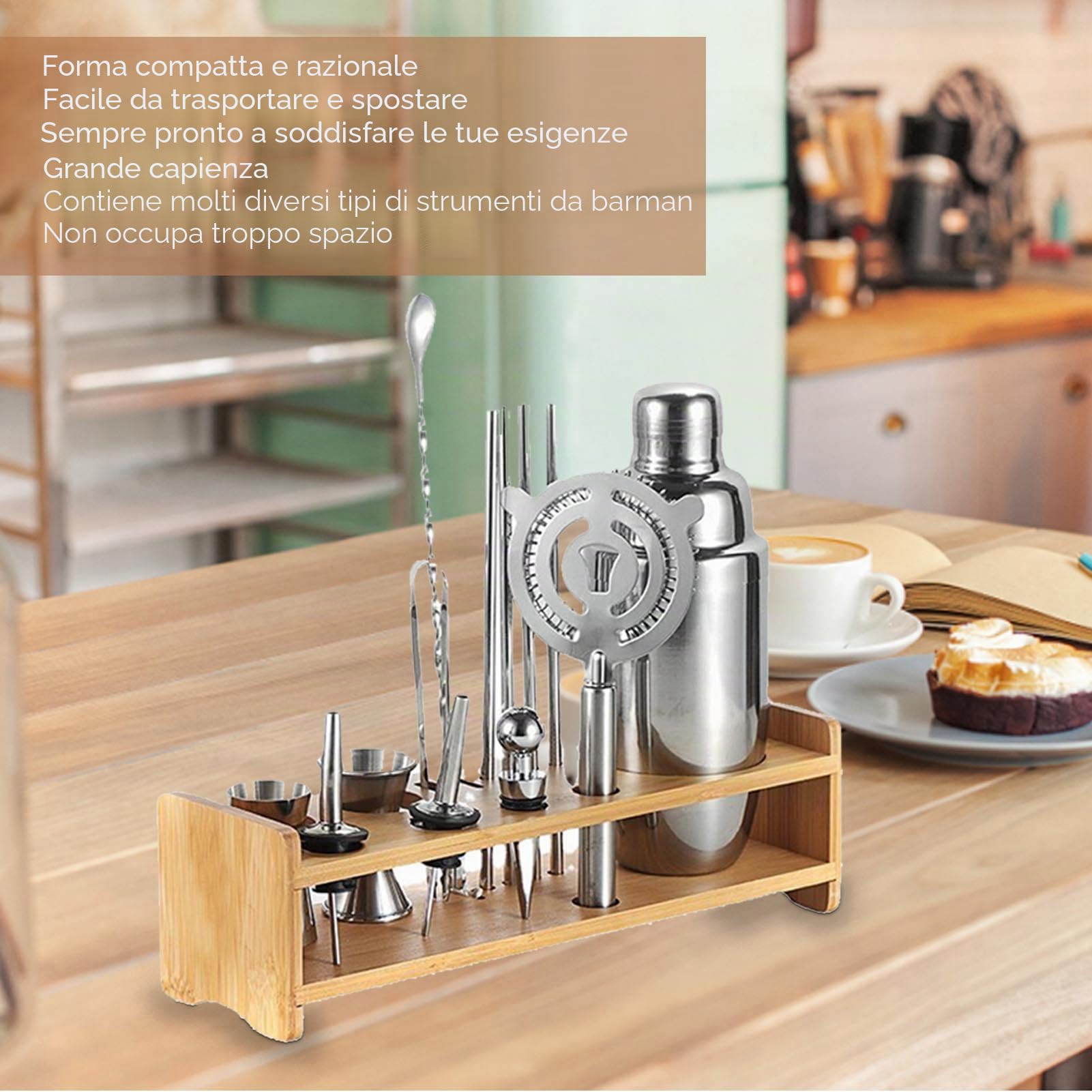 Supporto per Kit da Barista, Set di Shaker per Cocktail in Legno di bambù Supporto per Riporre gli Attrezzi da Barista Set di Accessori per Miscelatore per Bevande Set Espositore
