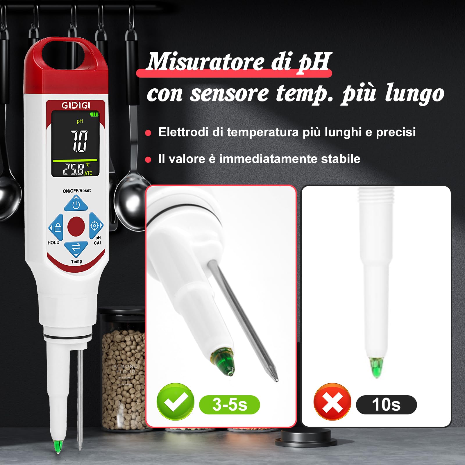 Misuratore di pH per la fermentazione alimentare, display a colori punta a lancia tester di pH per alimenti con ATC per cosmetici, lievito madre, Carne, formaggio, prodotti in scatola，Sottaceto