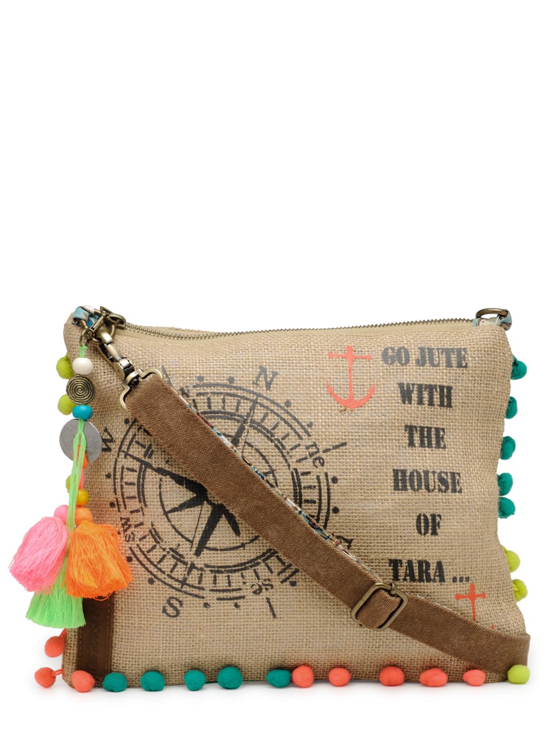 the house of tara Casual Jute Purse For Women | Small Crossbody Sling Bag with Tassels, Zip Pocket & Removable Shoulder Strap | Printed Aesthetic Foldable Ladies Purse Handbag (Brown)-picture-50