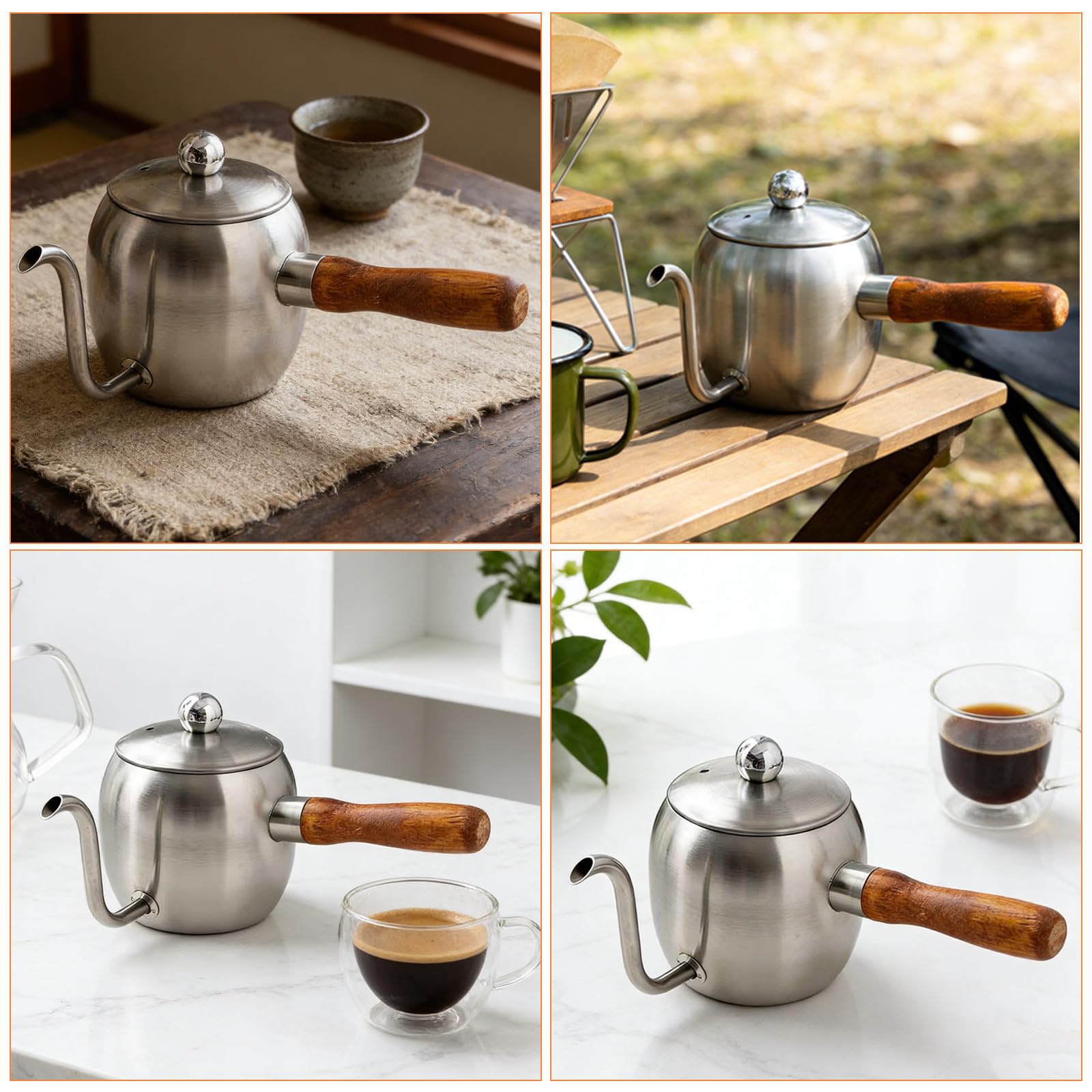 Tetera Pequeña de Café 500 Ml Acero Inoxidable Cuello de Cisne Mango de Madera Resistente para Oficina y Camping Juego Funcional