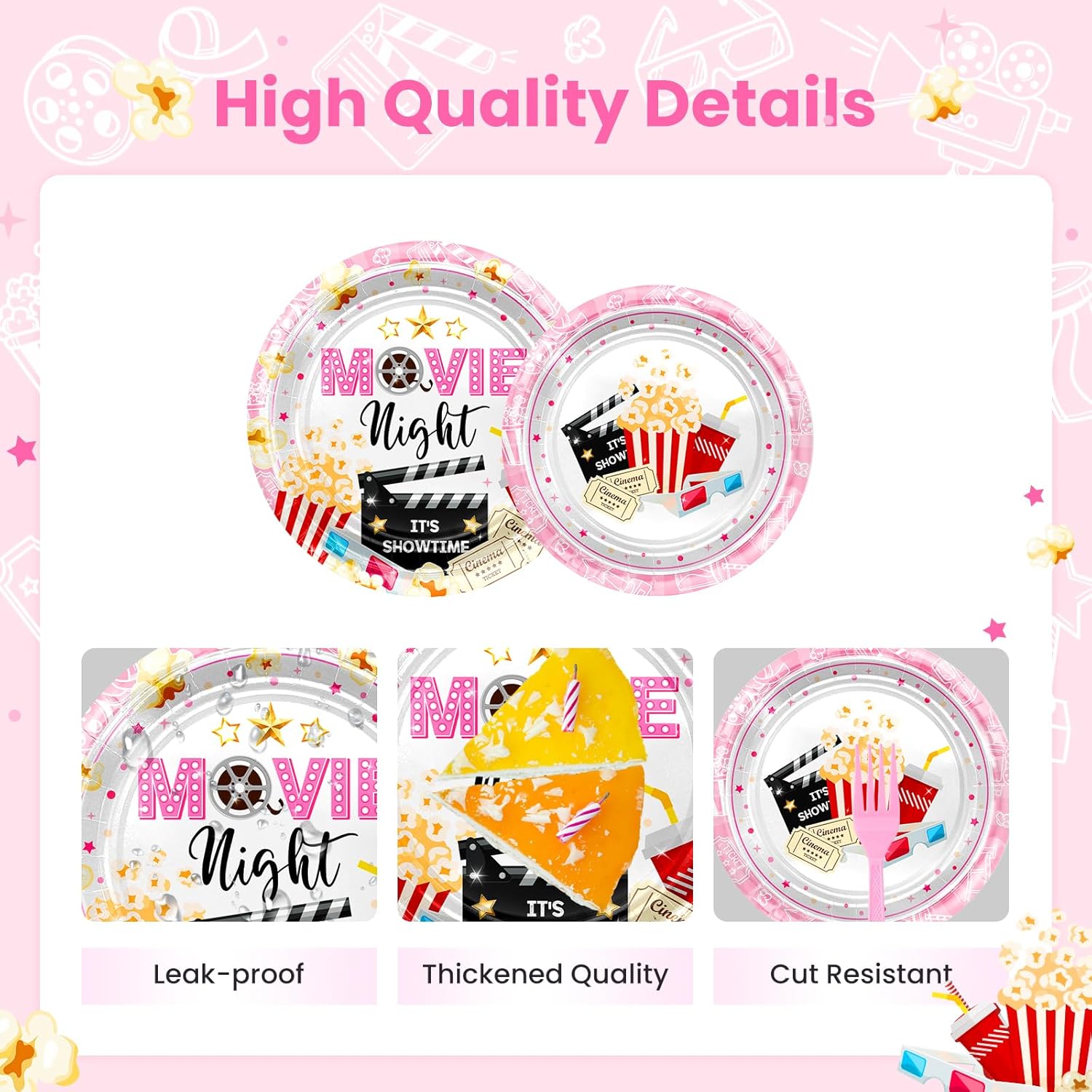 Pink Movie Night Party Decorations Kit: Movie Banner Cute Popcorn Film Plates Napkins Tablecloth Balloons All-in-1 Movie Night Party Supplies for Girl Birthday Serve 24