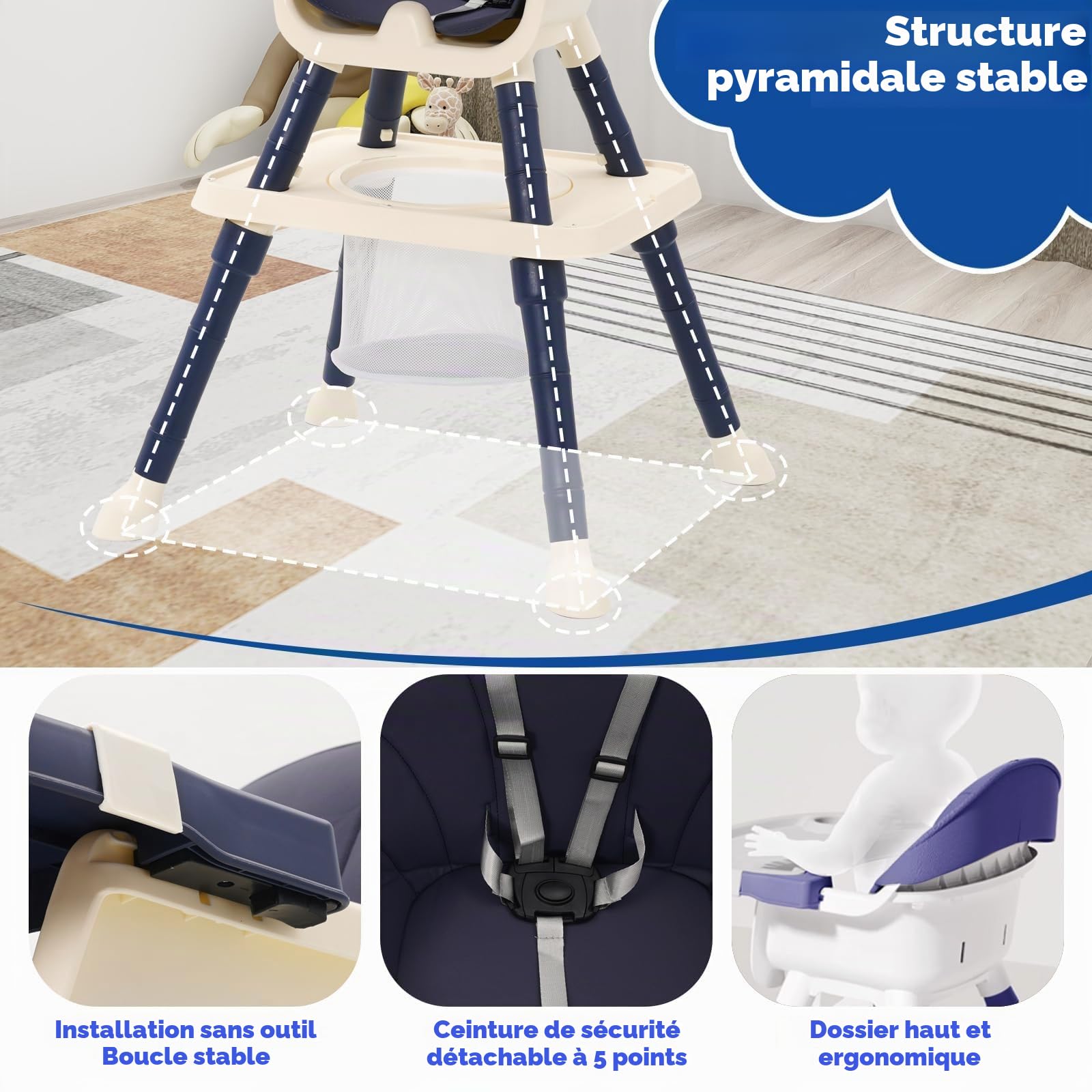 Chaise Haute Bébé Evolutive 7 en 1 avec Table à Manger, Repose-Pieds, Panier, Ceinture et Double Plateau Détachable, Chaise Haute Confort pour Bébé de 6 Mois à 6 Ans (Bleu)