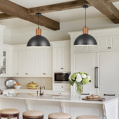 Miniatura 5 de Lámpara colgante de metal martillado de 12 pulgadas, lámpara colgante de techo negro y madera, lámpara colgante de cúpula de estilo industrial