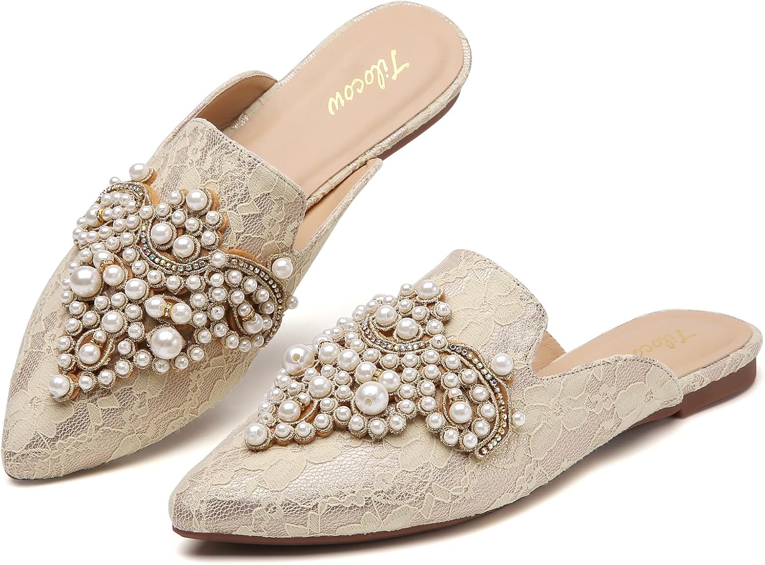 Tilocow Pearl Decor Mules for Women Flats Pointed Toe Backless Flat Slip On Slides Women's Mule Shoes - Image 4