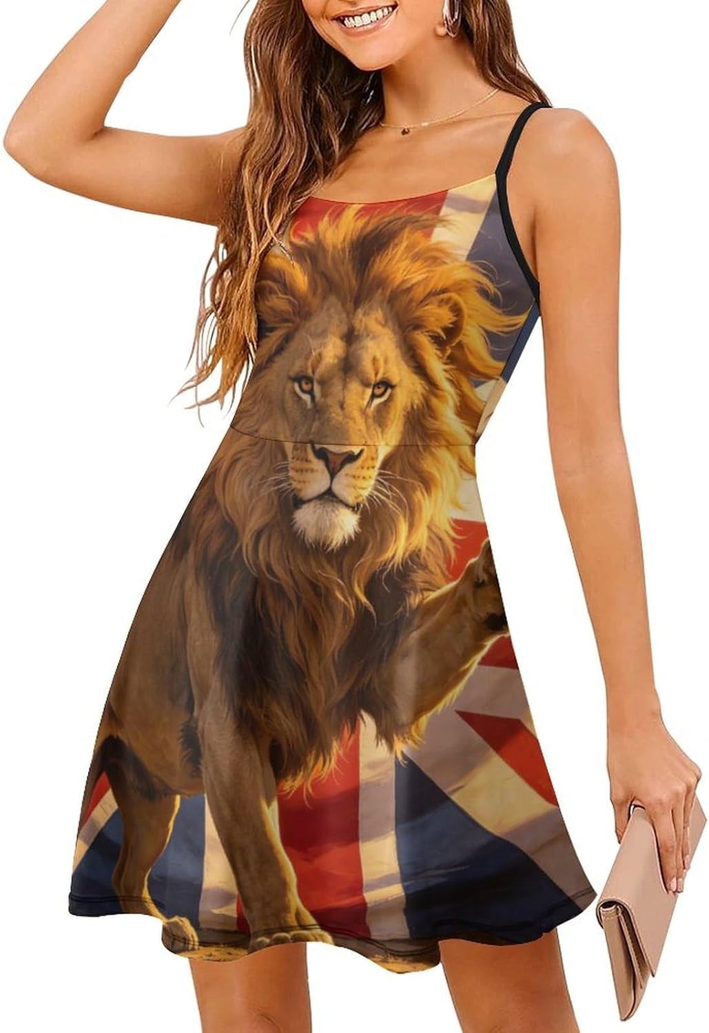 British Flag Lion Short Cami Dress for Women Adjustable Spaghetti Strap Flowy Sundress Beach Vacation