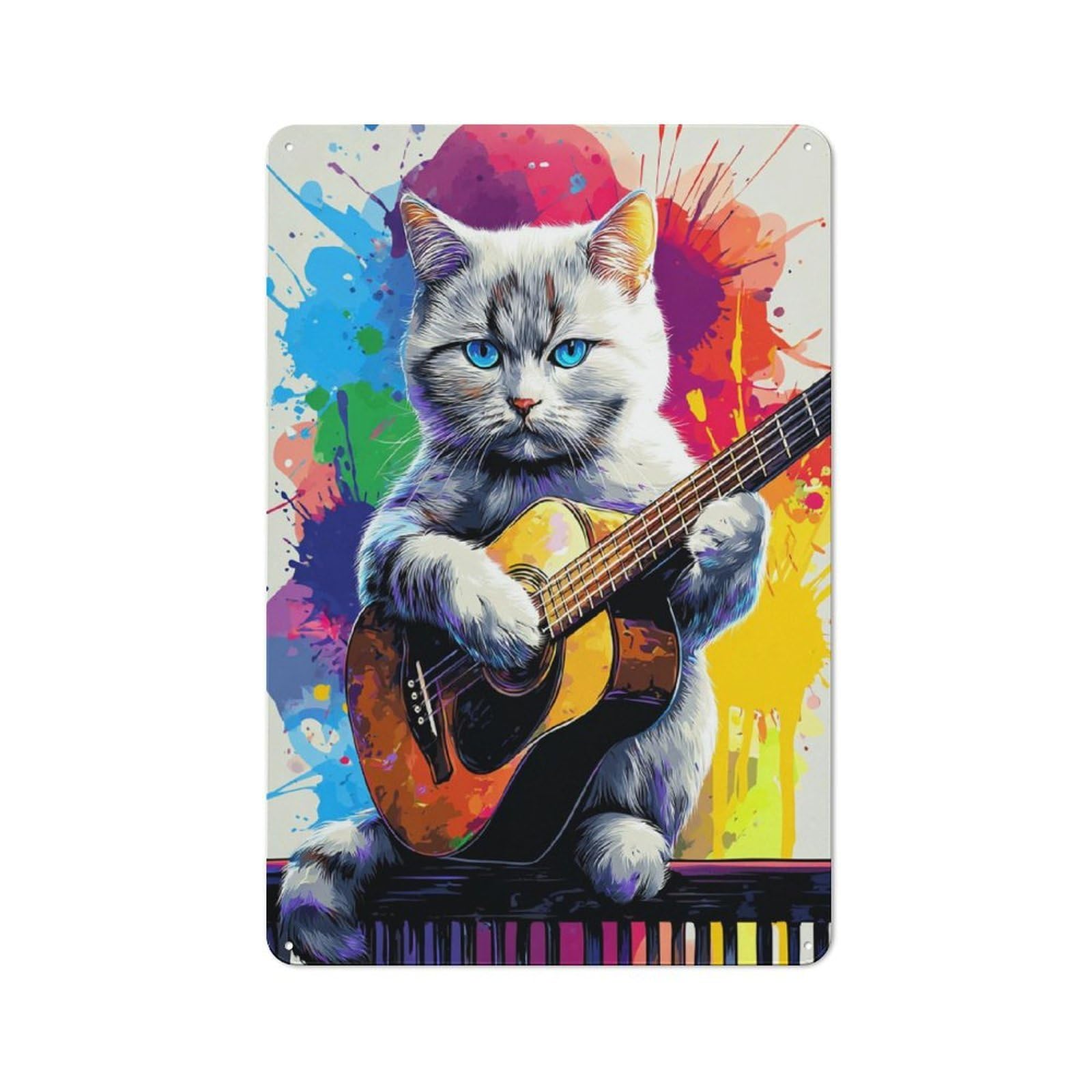 Junmoney Colorful Cat Playing Guitar Art Loft Style Metal Wall Decor 30X20cm, Decorative Metal Plaque For Loft, Studio, Office Or Creative Room