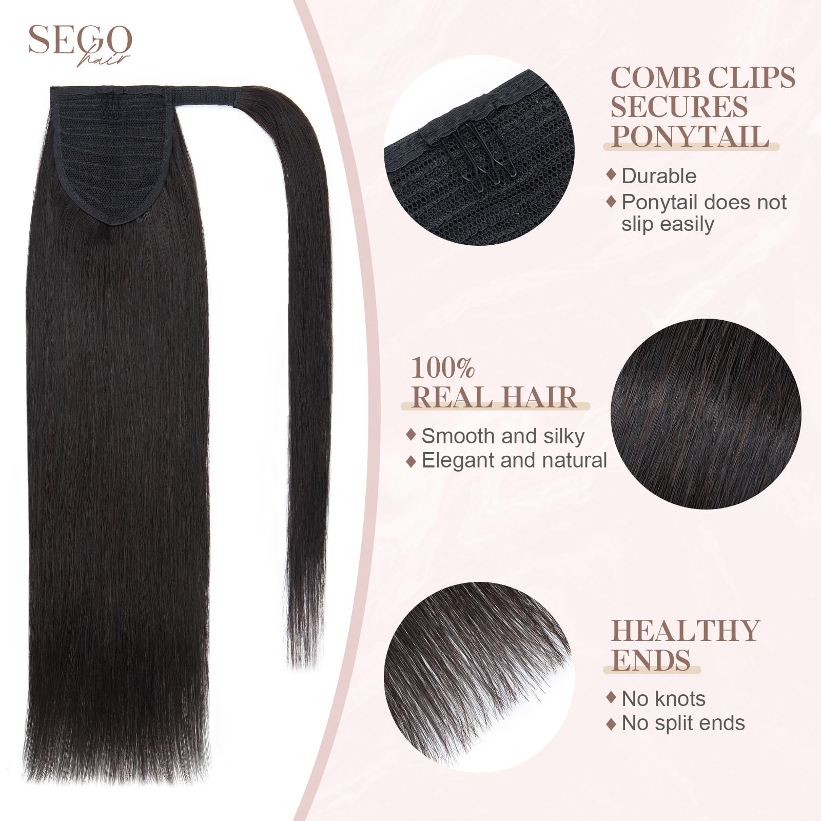 SEGOHAIR Wrap Around Ponytail Human Hair Clip in Ponytail Hair Extensions - Image 3