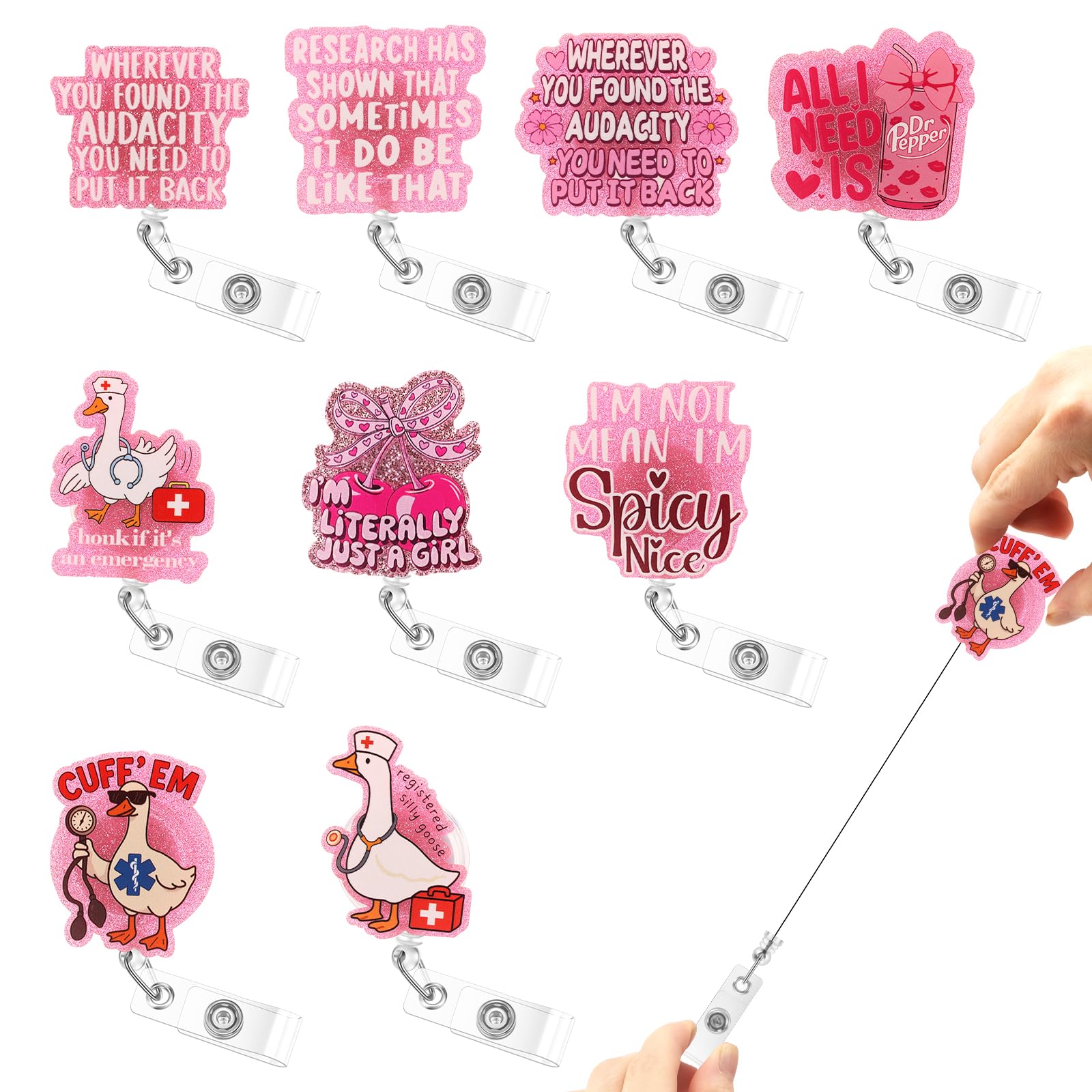 ATopoler Badge Reels Holder,9 Pcs Retractable Nursing ID Badge Reels,Funny Pink Work Lanyard Clips for Doctor, Teacher, Student, Office Worker, Pediatric,ID Clip