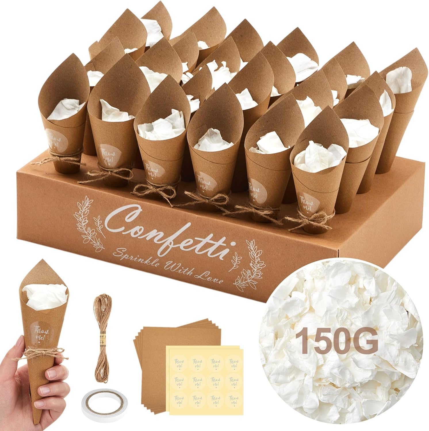 Wedding Biodegradable Confetti Cones Kit - 24 Confetti Paper Cones 1 Cone Holder Box Tray 5.29 oz Dried Flowers White Rose Petals with “throw Me” Stickers Wedding Decorations (24 Guests)