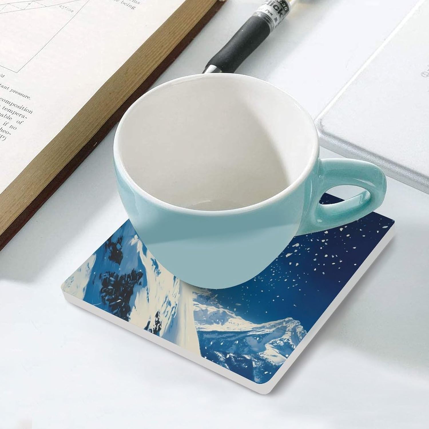 Kier Ski Snowy Sport Coasters for Drinks Square Ceramic Coasters Cup Mats with Cork Base