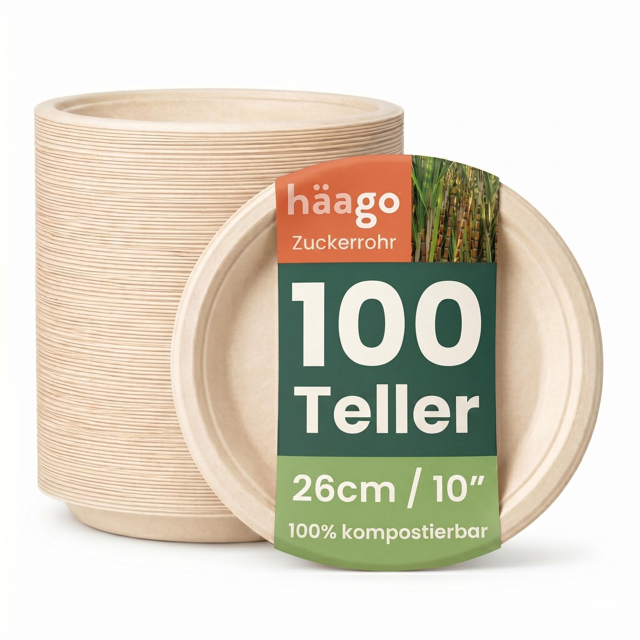 HAAGO 100 Extra Stabile Kompostierbare Zuckerrohr Teller, 26 cm / 10 Zoll Rund – Große Pappteller, Fett- & Auslaufsicher – Biologisch Abbaubare Partyteller, Einwegteller für Grillparty, Hochzeit