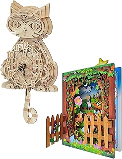 Double - Delight 3D Wooden Puzzles: Cat Clock & Alice in Wonderland Book Nook Kit - Ideal Gifts for All Ages