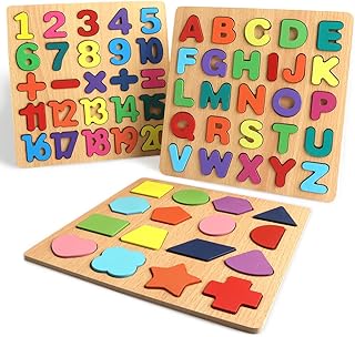 Wooden Puzzles for Toddlers, Wooden ABC Alphabet Number Shape Puzzles Toddler Learning Puzzle Toys for Kids Boys and Girls 2-4 Years Old, 3 in 1 Puzzles Educational Blocks Board Toys Ages 1-3