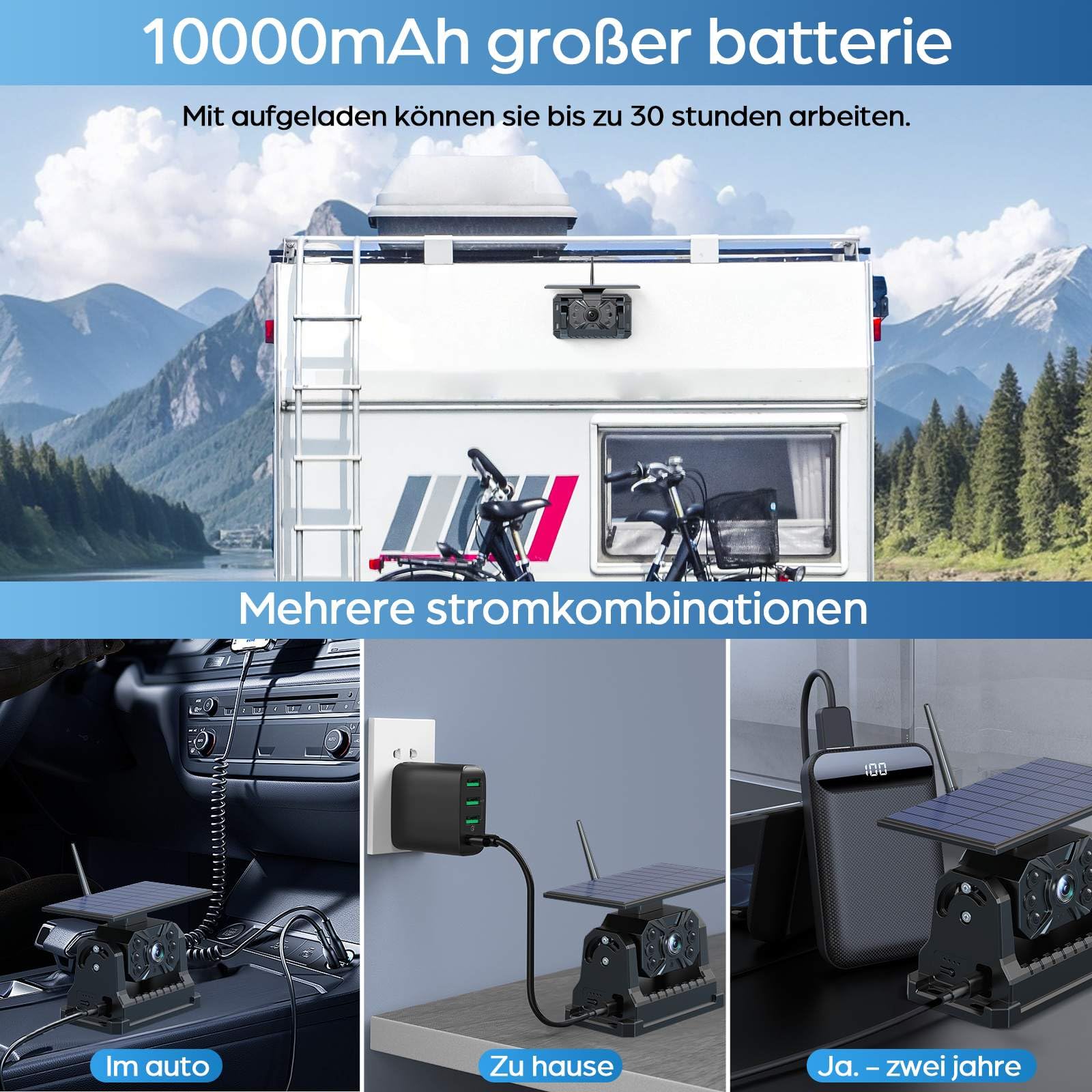 Rückfahrkamera Kabellos Solar Magnetisch 7" Drahtlose Rückfahrkamera 10000mAh Akku IP69 Wasserdichter DIY Installation VS-7A