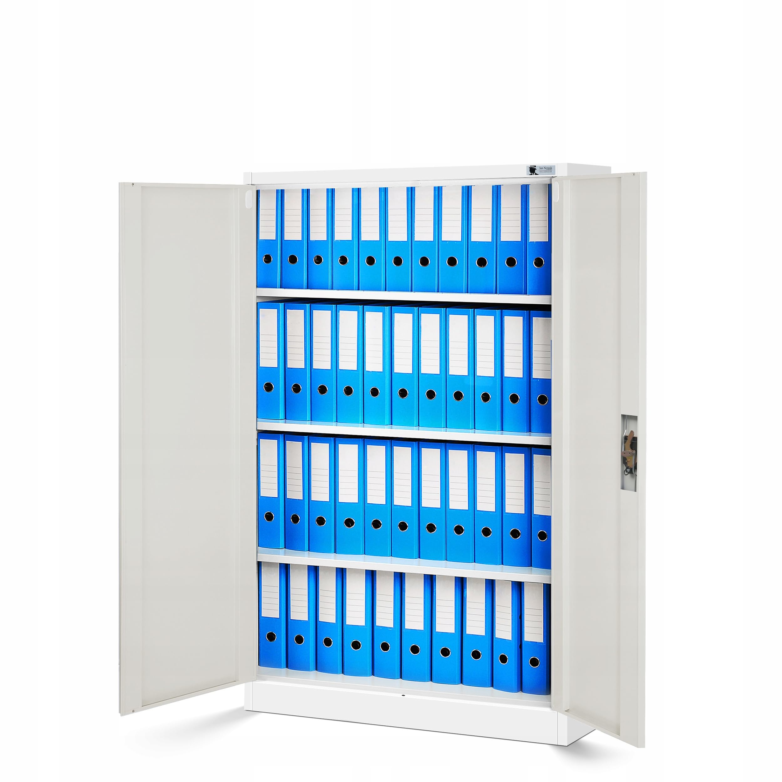 Jan Nowak Armoire de Bureau Métallique C001K 3 Etagères Tôle d'acier Portes Battantes Verrouillable 140 cm x 90 cm x 40 cm (Blanc/Imitation Bois)
