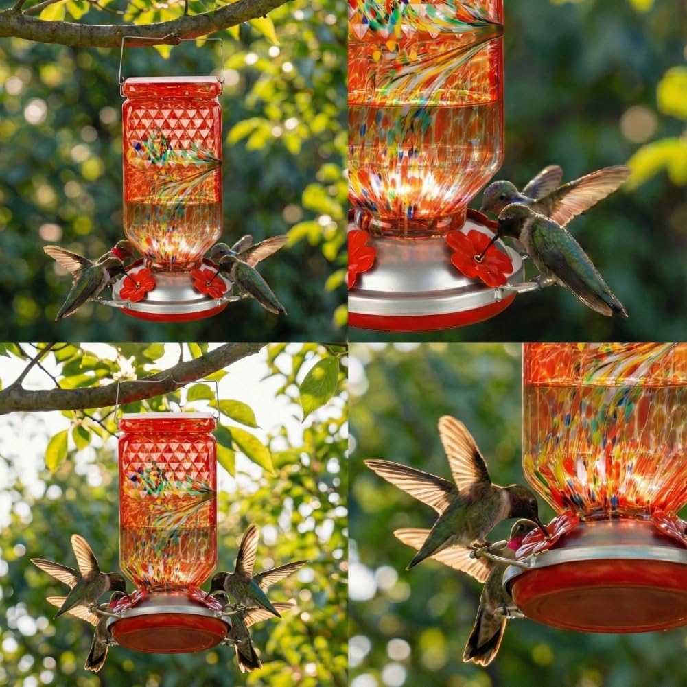 Hand Blown Glass Hummingbird Feeder for Outdoors Hanging Square Chaning Color 38 OZ Humming Birds Feeders with Accessories Gift for Women Mom (Red)