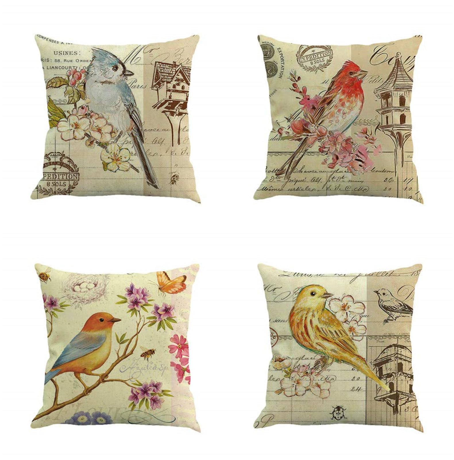 Housses de coussin 55x55 lin lot de 4 fleurs et oiseaux pour décoration canapé salon