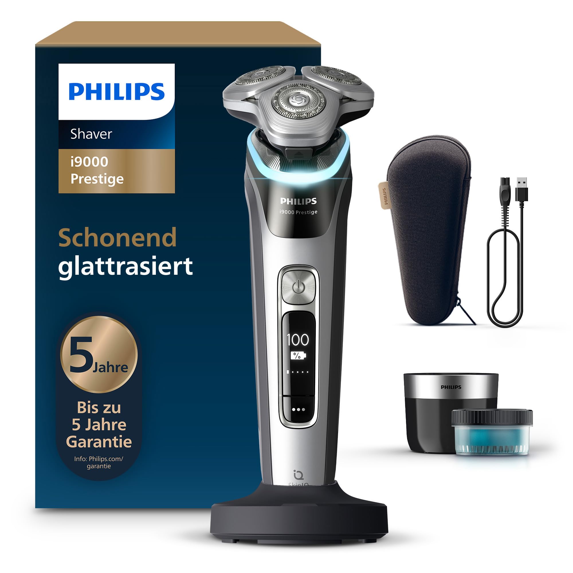 Philips elektrischer Rasierer i9000 Prestige, Nass- und Trockenrasierer für Herren mit integriertem Trimmer, grau-silber, Drucksensor, Reinigungsstation, Ladestation und Reiseetui (XP9205/30)