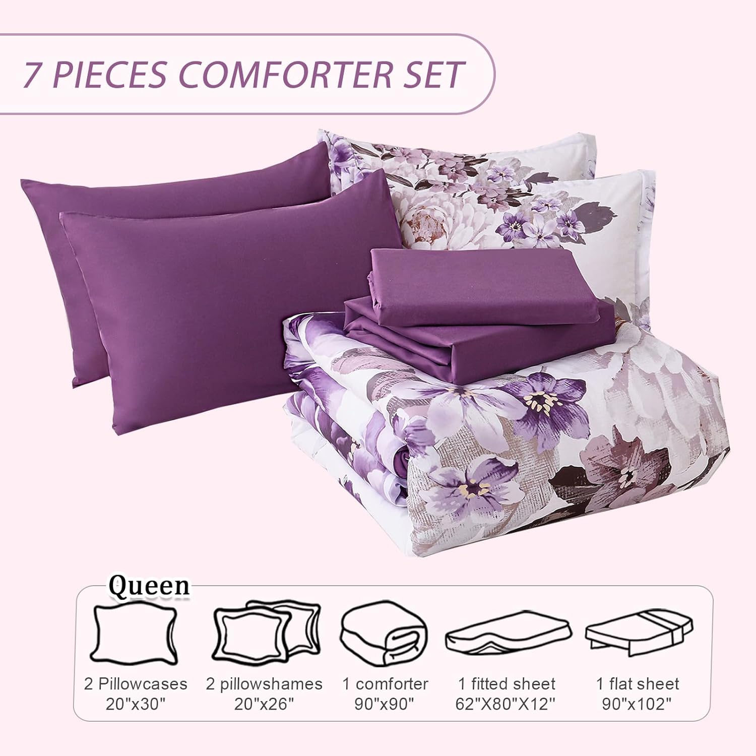 Dintszyayue Purple Floral Comforter Set Queen Size 7 Pieces Bed in a Bag, Elegant Flower Bedding Sets Lightweight Bed Comforter Set for All Season with Flat Sheet, Fitted Sheets, Pillowcases & Shams - Image 7