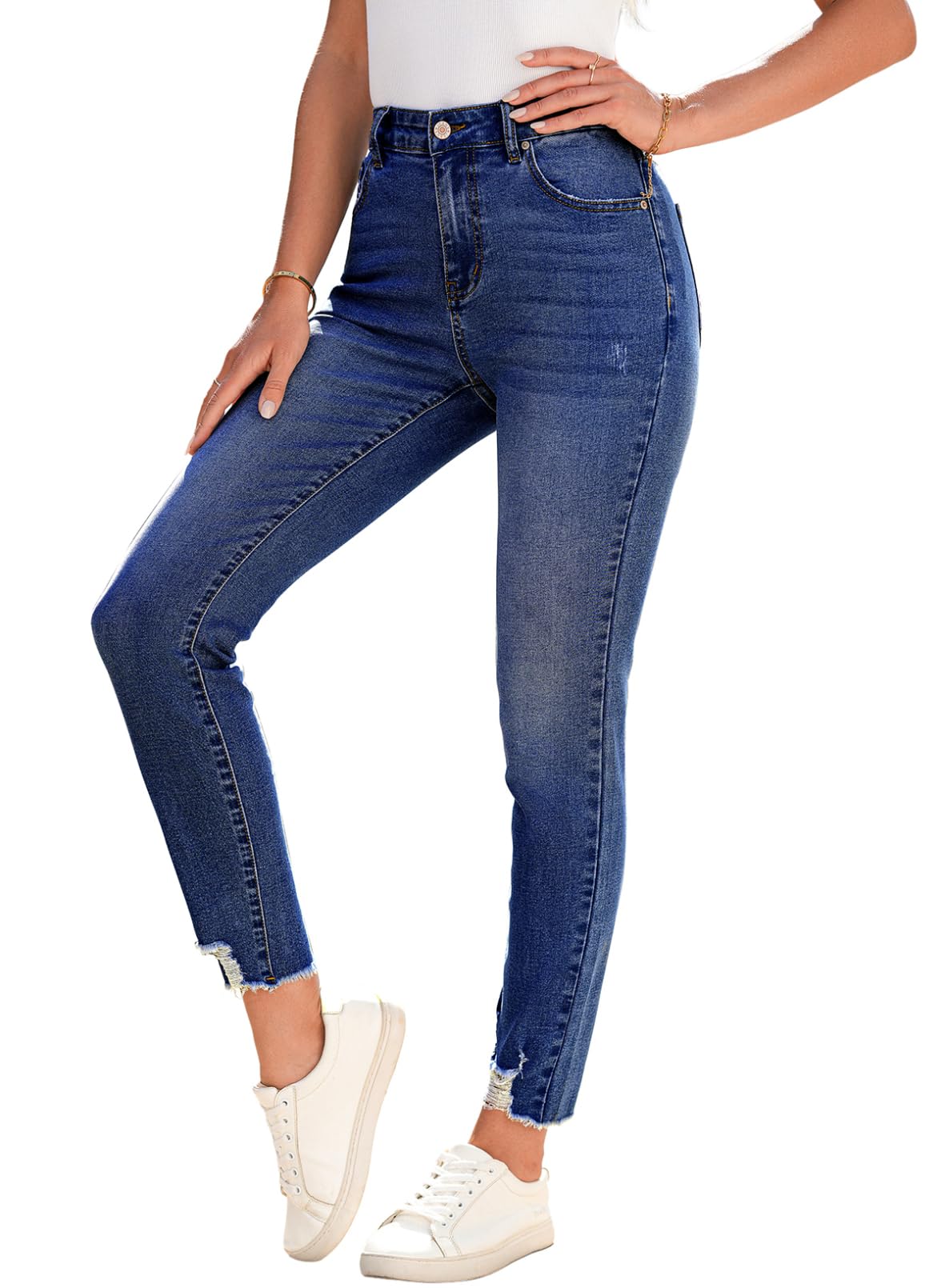 SHEWIN Women's Ripped Shaping Skinny Jeans Distressed Raw Hem Stretchy Denim Pants