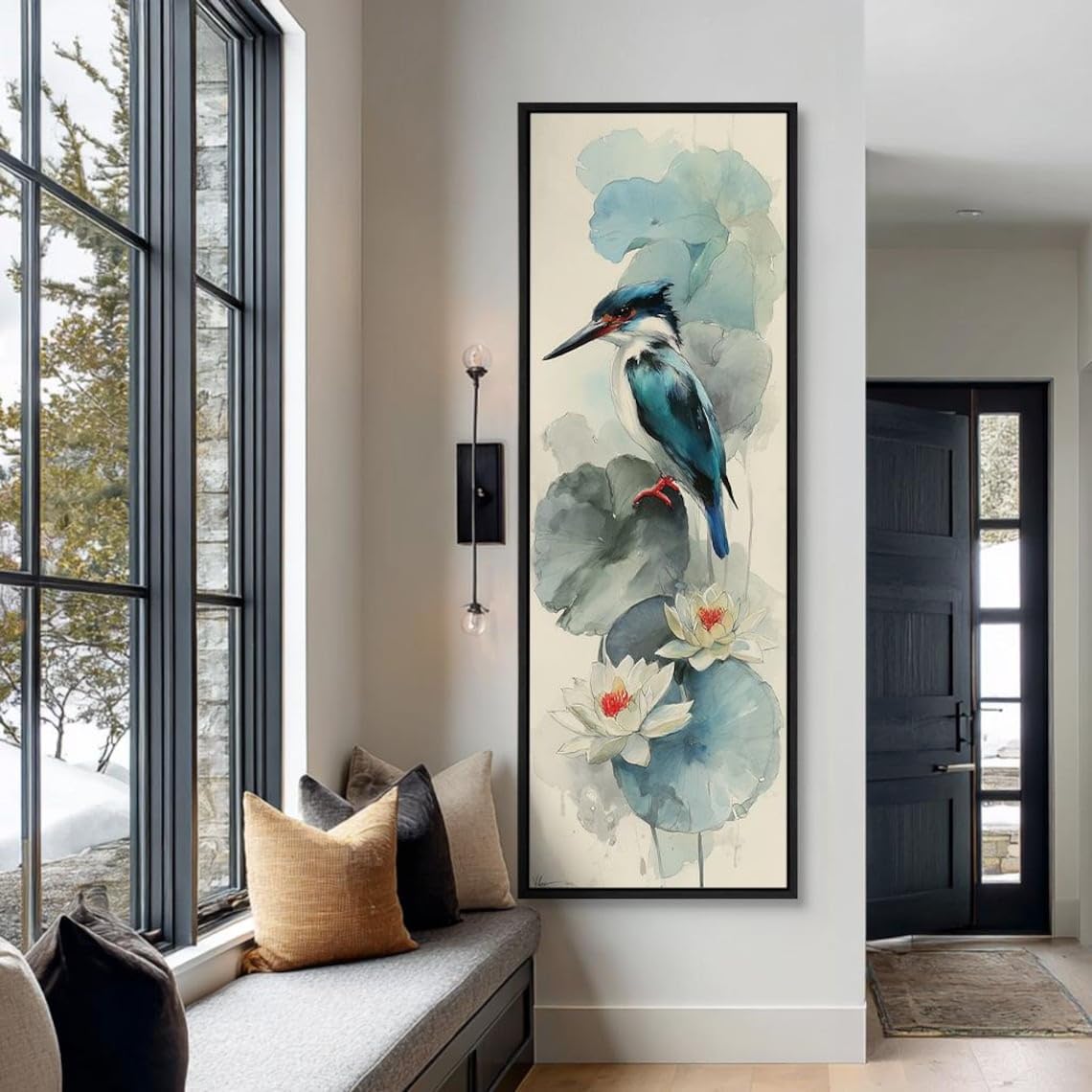 XINBAO Tall Narrow Canvas Bird Art,Narrow Wall Decor, Large Vertical Painting, Bird Artwork,Animals Slender Branch Canvas Print(70x210cm/Inner Frame)