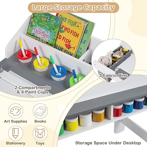 Miniatura 3 de Costzon Mesa y silla de arte para niños, mesa de madera para manualidades con rollo de papel y contenedores de tela para dibujar, leer, estudiar y