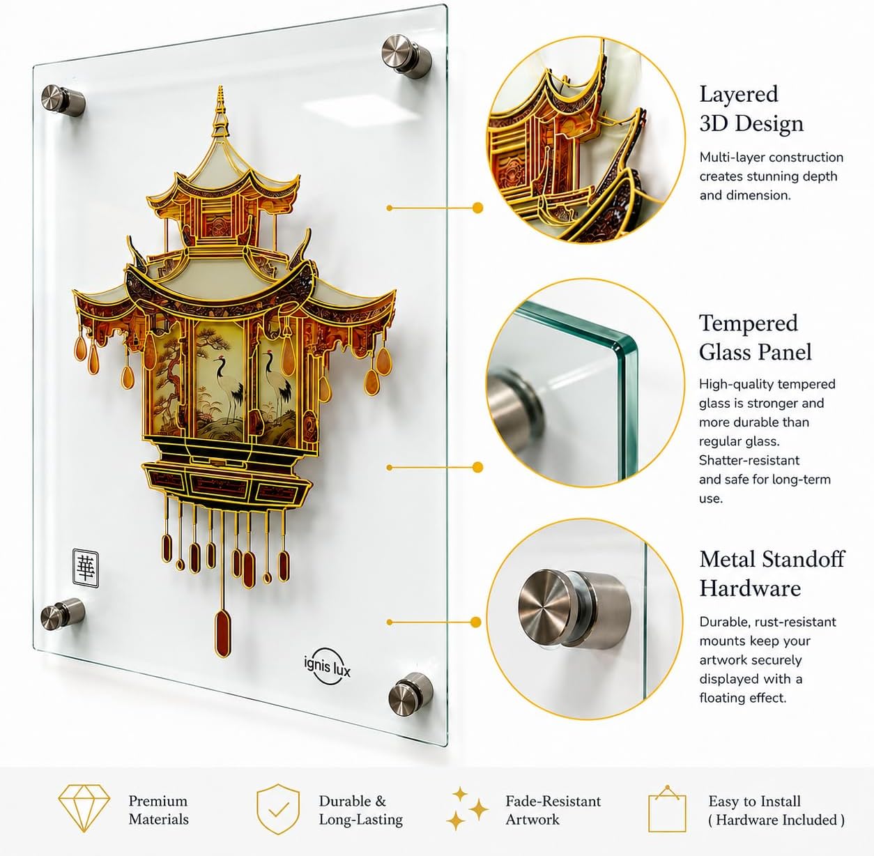 ignis lux Frameless Tempered Glass Decorative Wall Art, Chinoiserie Pagoda & Crane Design, Gold Foil Chinese Lantern Decor, Modern Decorative Hanging Art for Living Room, Bedroom and Office, 24''x18'' inches image 4