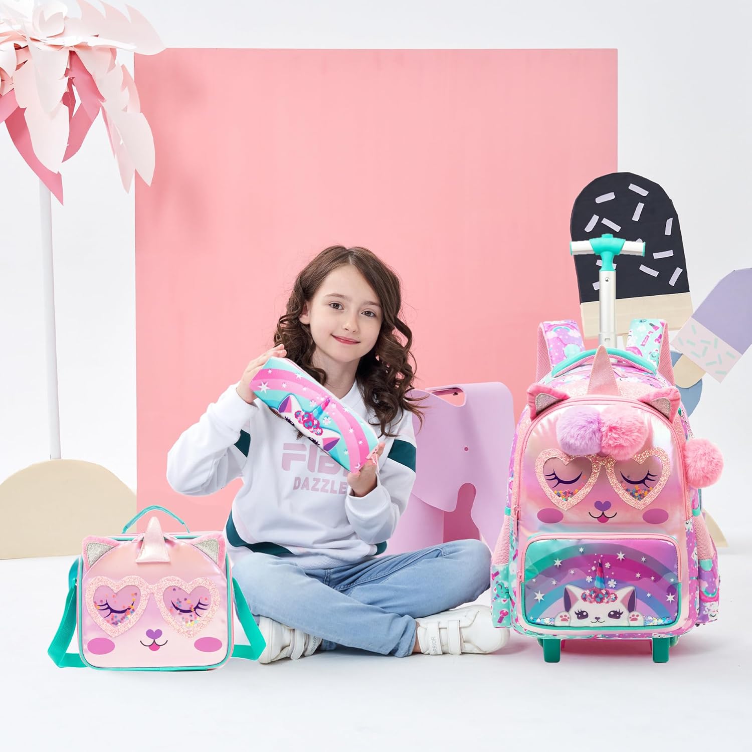 Meetbelify Kids Unicorn Rolling Backpack with Wheels for Girls Elementary Students Kids Travel Luggage Carry on School Backpack for Girls Ages 6-8