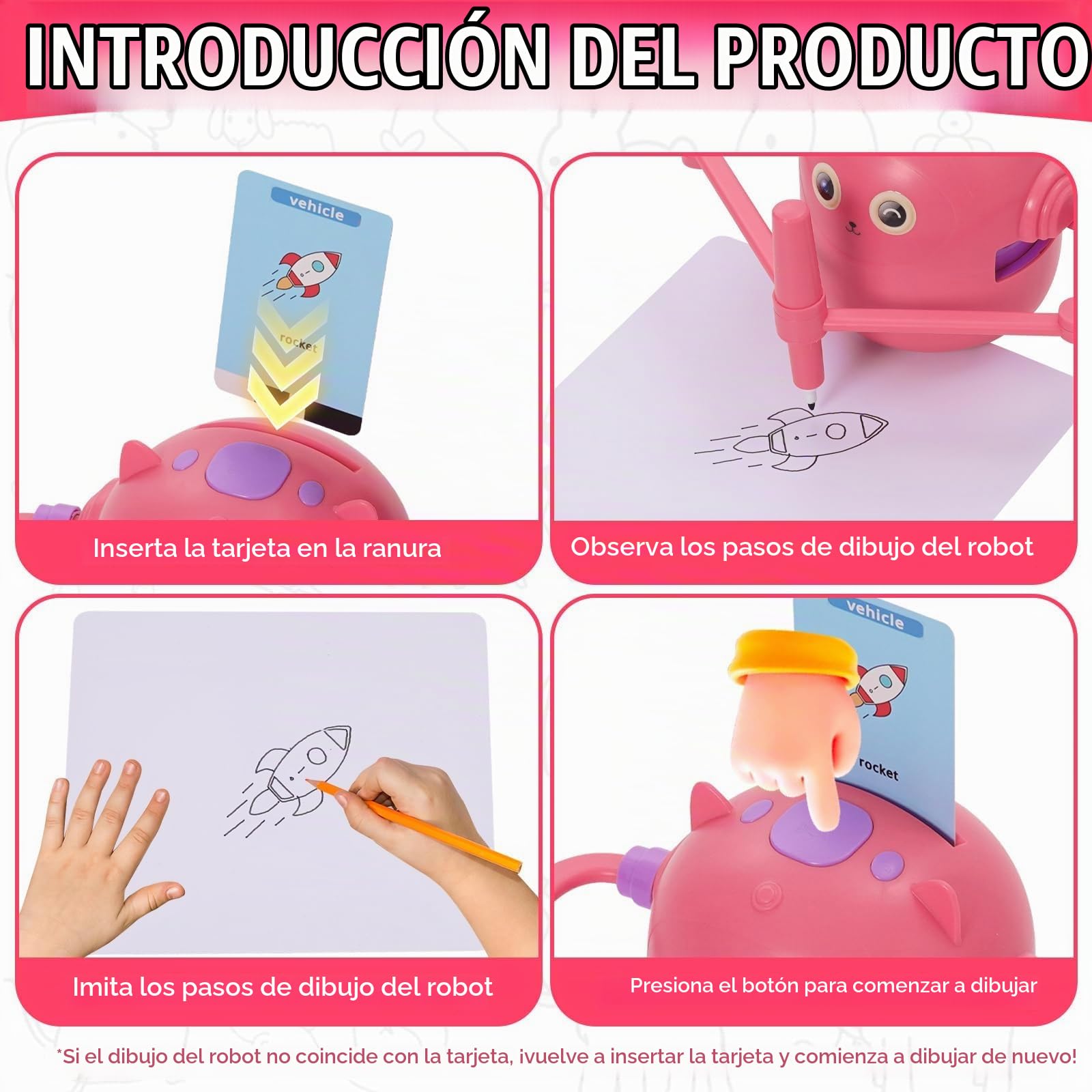 Robot de Dibujo para Niños, Drawing Robot Educativo Interactivo con Interacción de Voz, 100 Tarjetas y 14 Lápices, Robots Inteligente Juguete, Regalo de Cumpleaños para Niños Niñas 3+ Años(Rosa)