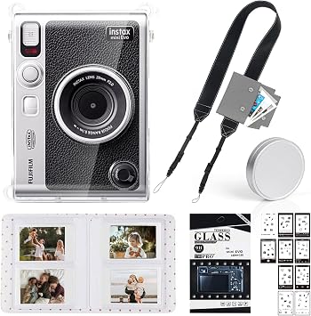 Mini EVO Kit for Fujifilm Instax Mini EVO Camera, Black Strap | Including Mini EVO Clear Case, Lens Cap, Adjustable Camera Strap, Mini Photo Album, Screen Protector, DIY Sticker, No Camera