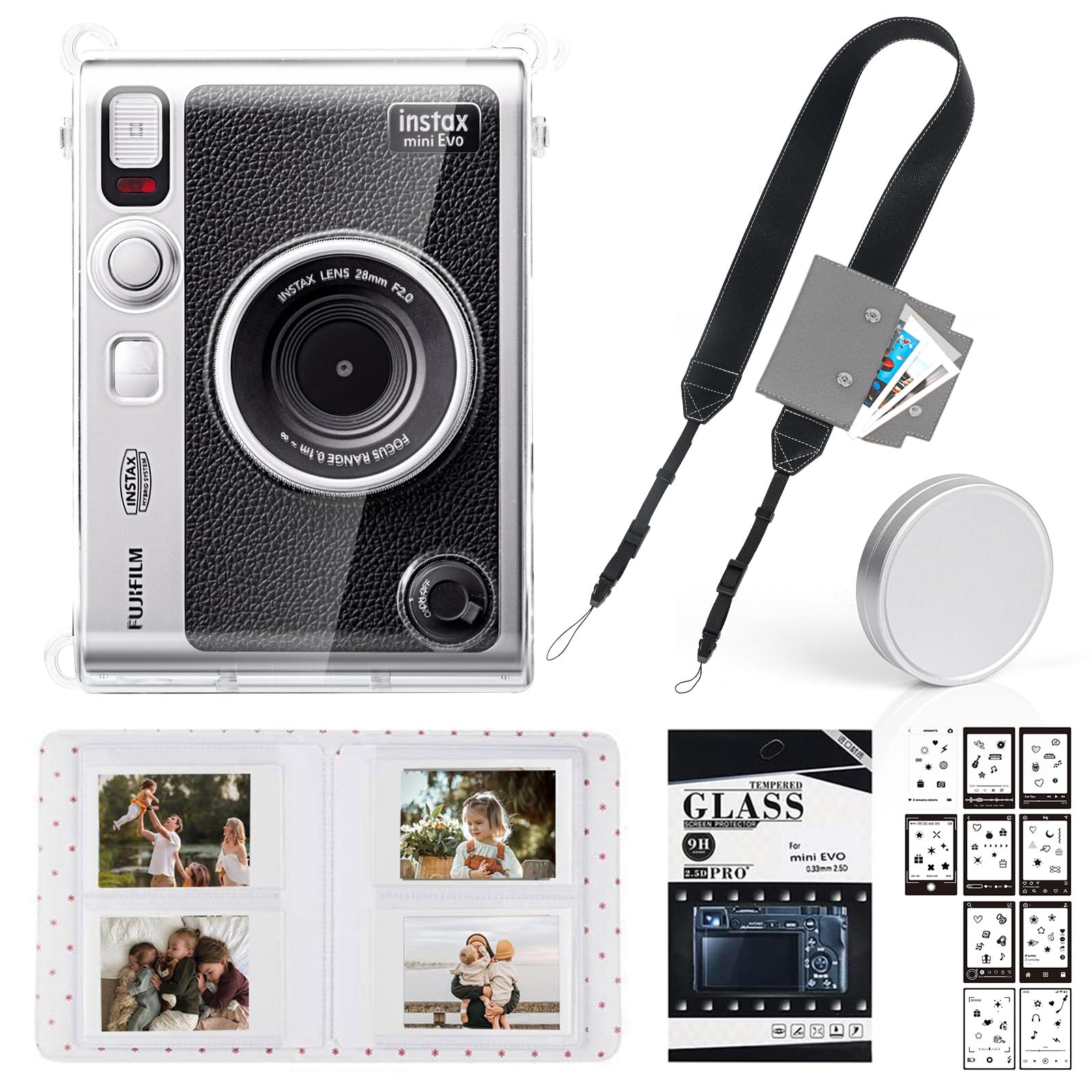 WOGOZAN Mini EVO Accessories Kit for Fujifilm Instax Mini EVO Instant Film Camera with Clear Case, Lens Cap, Adjustable Black Strap, Wallet Photo