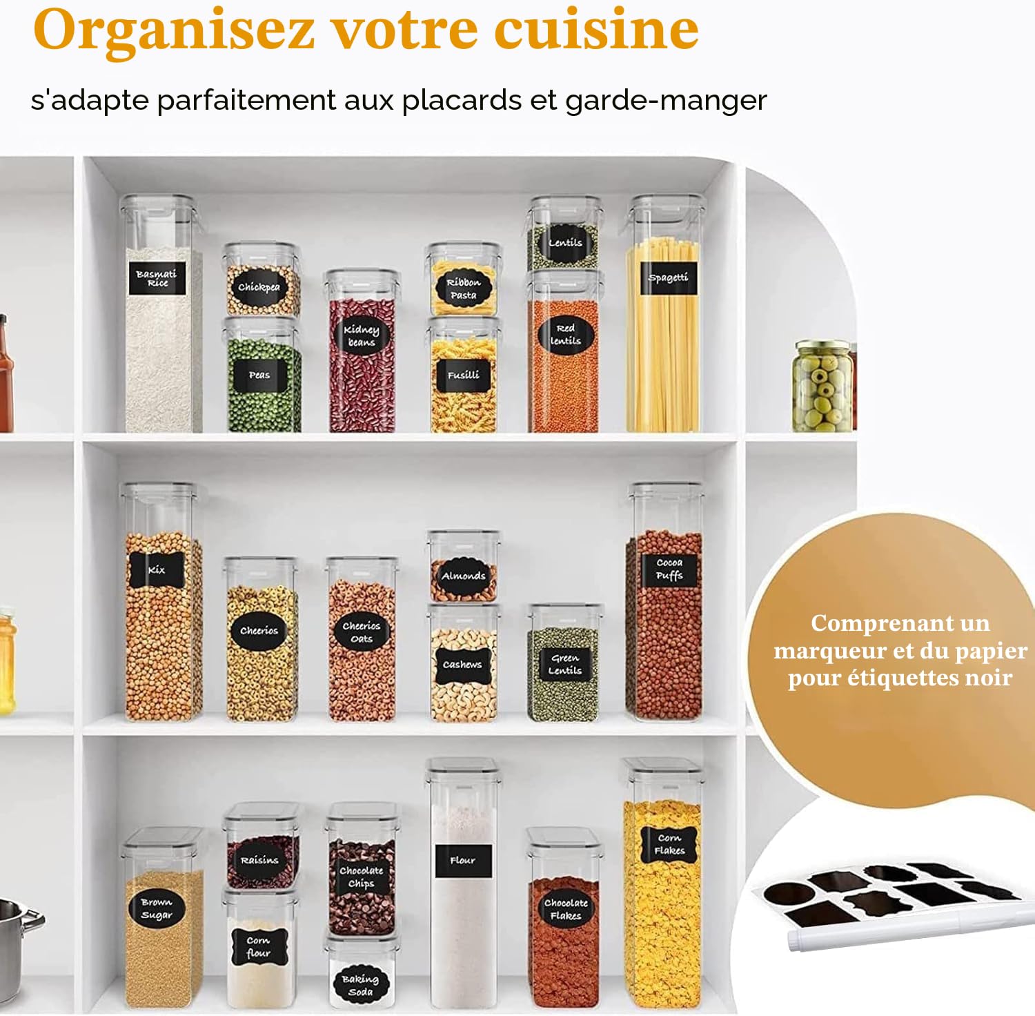 42 boîtes de rangement hermétiques avec couvercles pour céréales, farine et sucrePots de cuisine et d'organisation en plastique, y compris cuillères, étiquettes et stylos