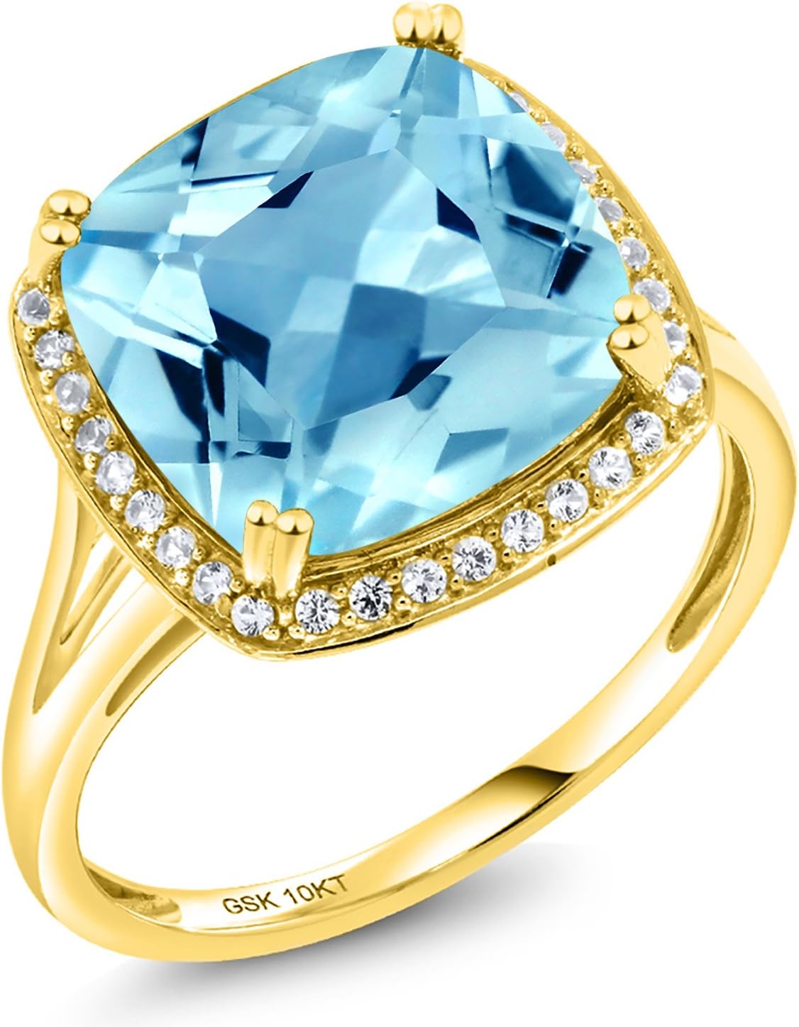 Gem Stone King 5-8 Cttw 10K Yellow Gold Gemstone Birthstone and White Created Sapphire Ring For Women | Cushion 12MM | Wedding Anniversary Promise Ring For Women | Available In Size 5, 6, 7, 8, 9 - Image 3