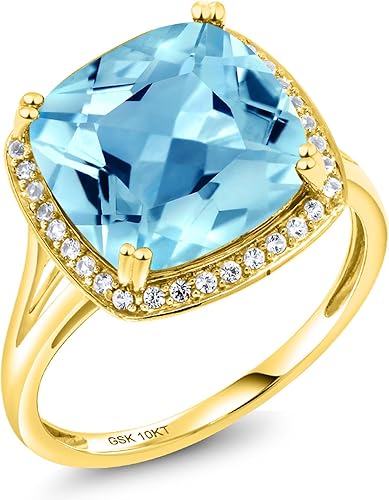 Vista 3 de Gem Stone King Anillo de oro amarillo de 10 quilates con piedra natal y zafiro blanco creado para mujer, cojín de 0.472 in, anillo de compromiso