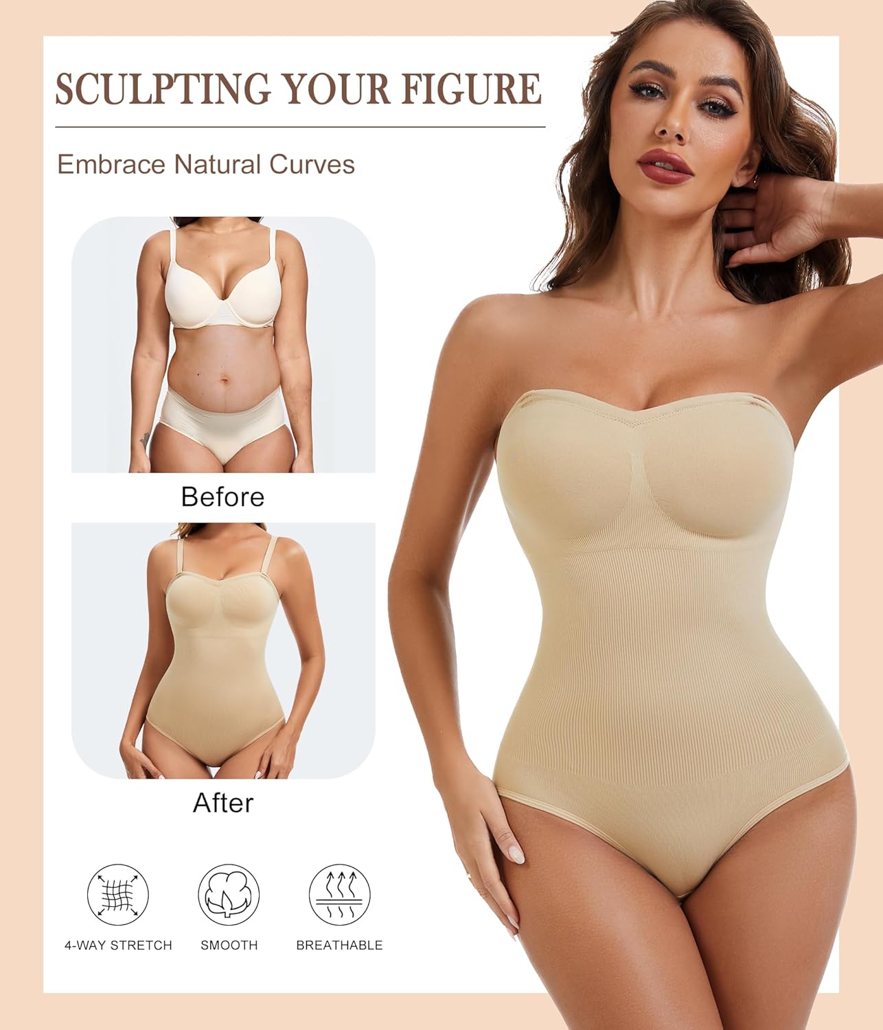 Strapless Shapewear for Women, Tummy Control Bodysuit with Removable Pads, Body Shaper Tube Top (Beige, Large) - Image 5